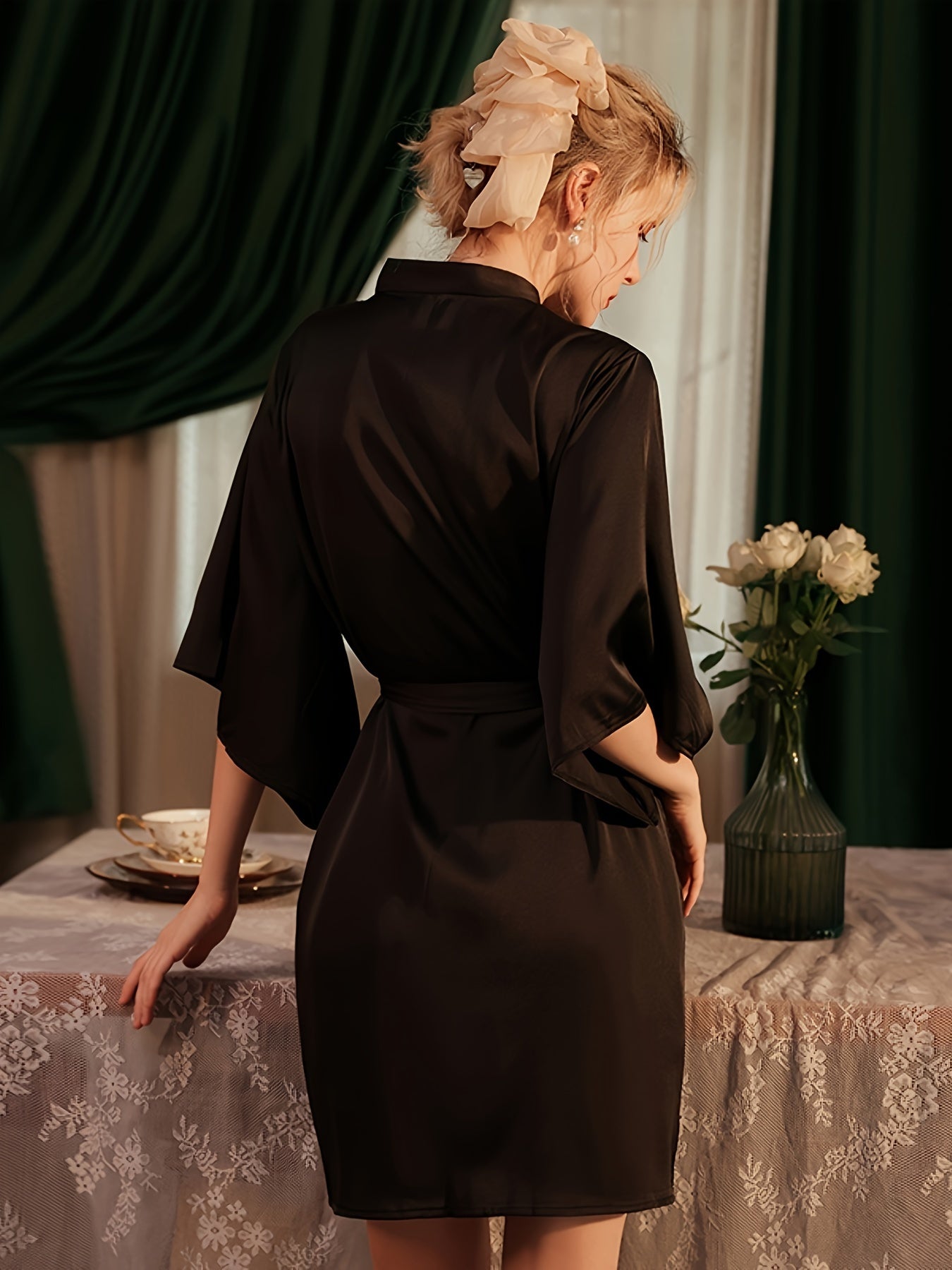 Elegant 4-Piece Lingerie Robe Set, Includes Kimono, Waist Belt, MH