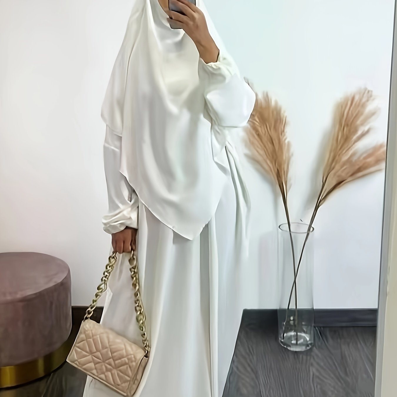Solid Color Simple Modest Dress, Elegant Long Sleeve Maxi Dress With Hijab, /MH