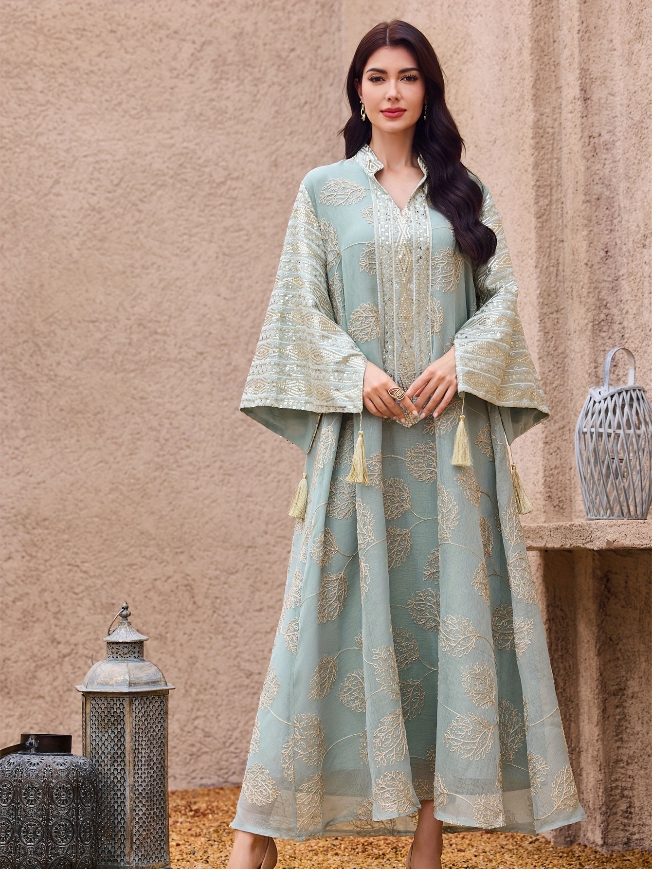 Elegant Light Blue Embroidered Kaftan Dress - V-Neck, Bell Sleeves,/MH