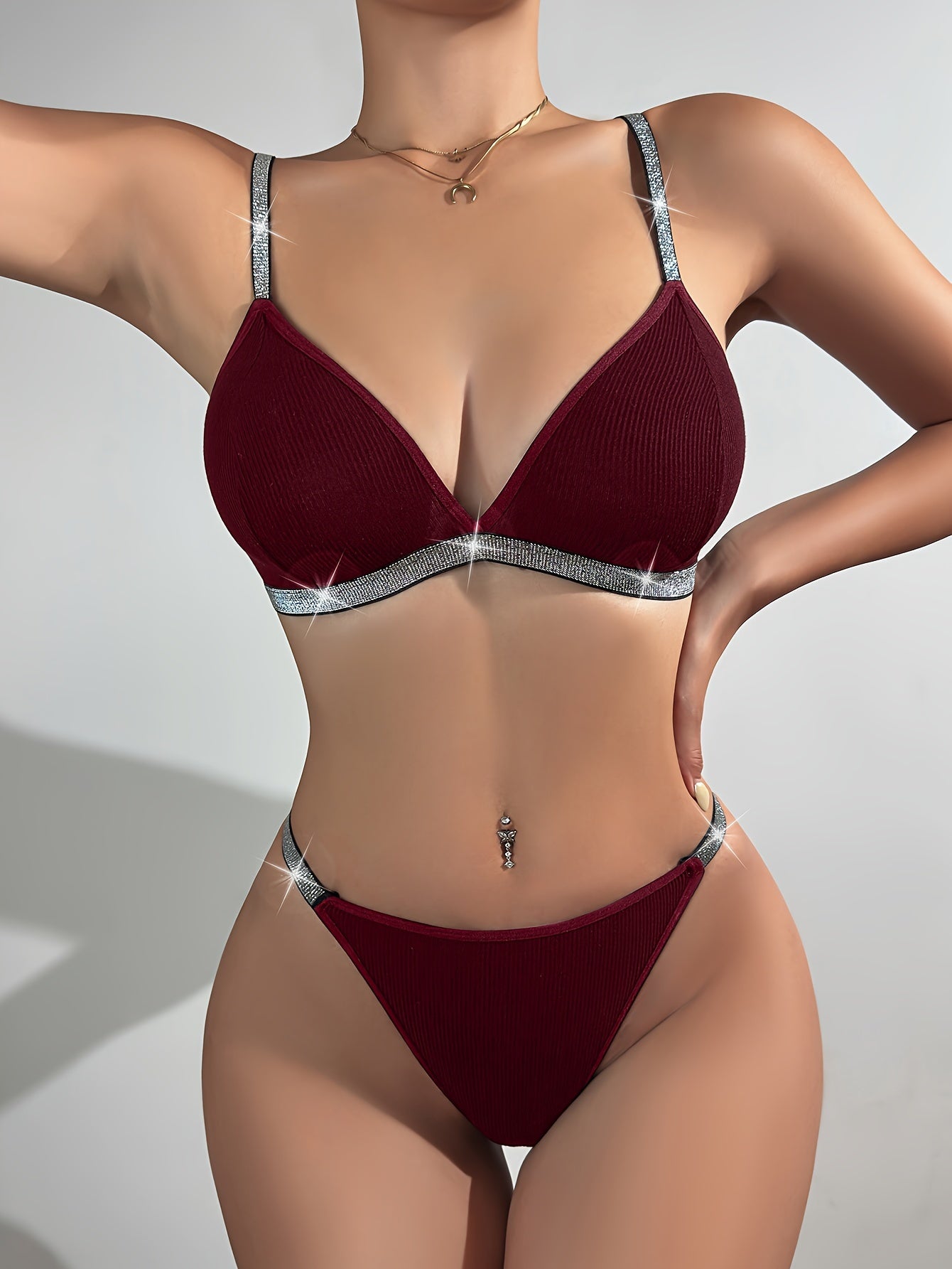 Elegant Lingerie Set, Glitter Trim Ribbed Cami Bra & Thong, Women's Lingerie & Underwear/MH