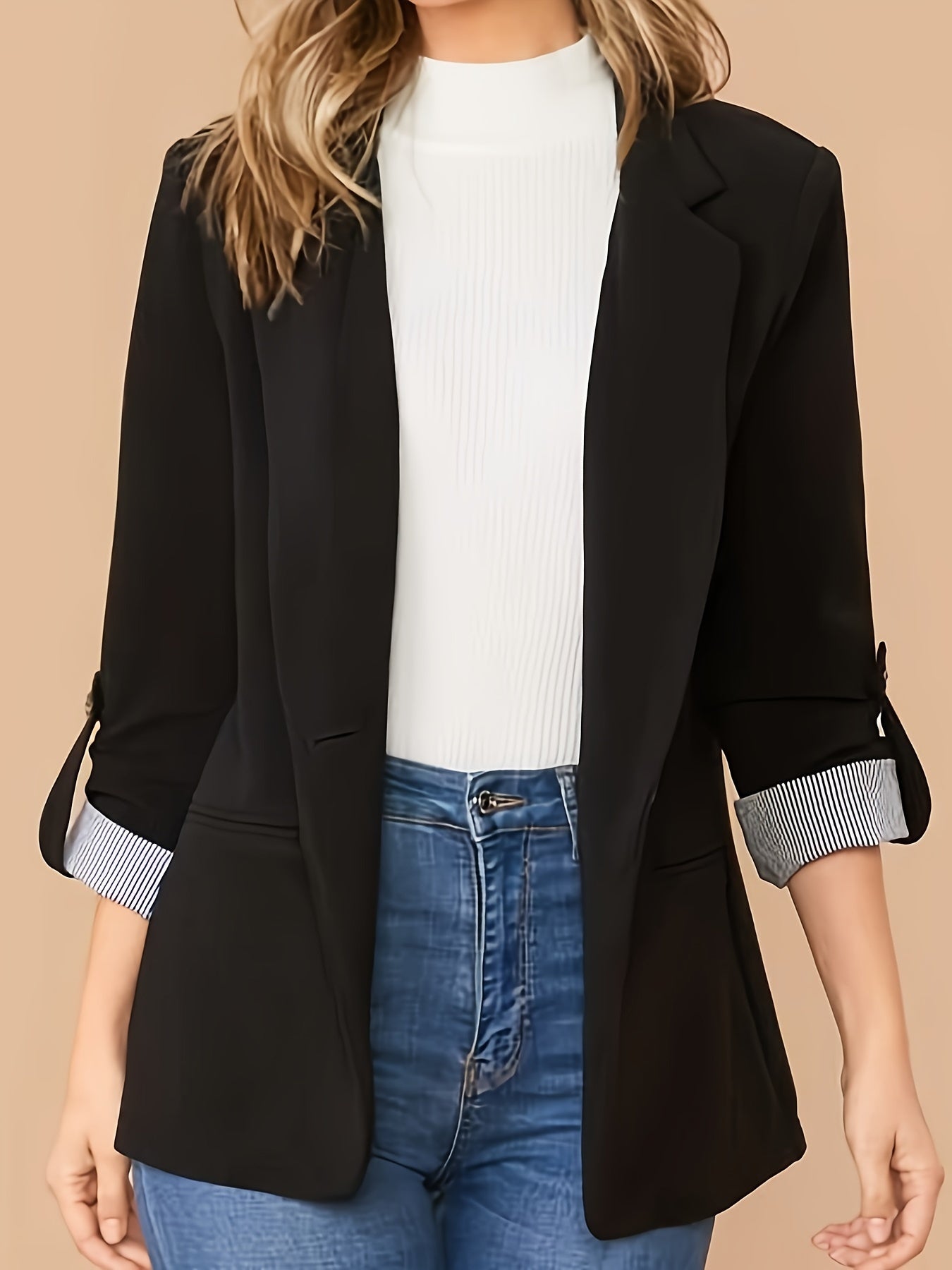 Solid Color Open Front Blazer, Elegant Lapel Neck Single Button.
