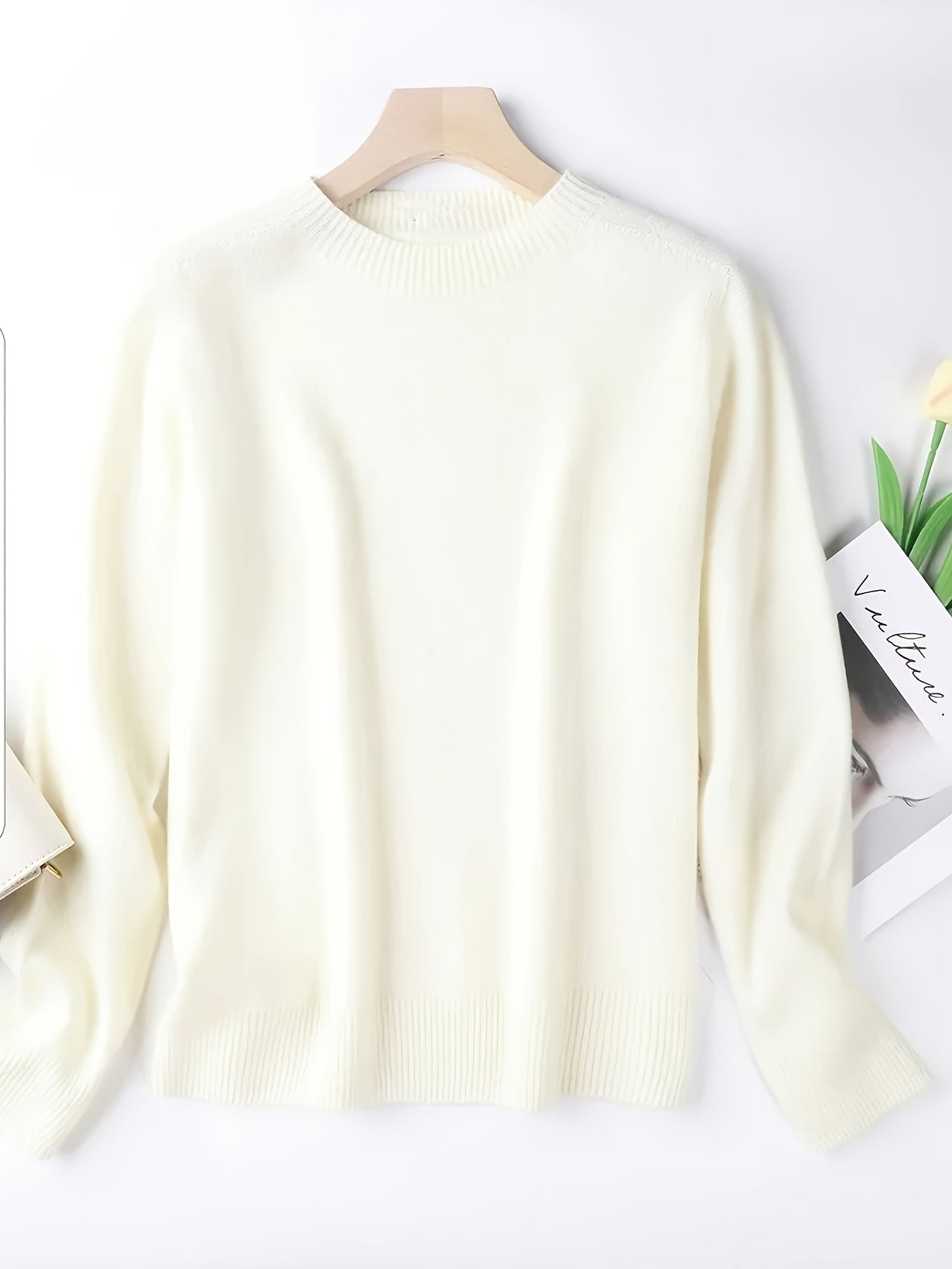 1pc Women'S 100% Wool Crew Neck Long Sleeve Knit Sweater,