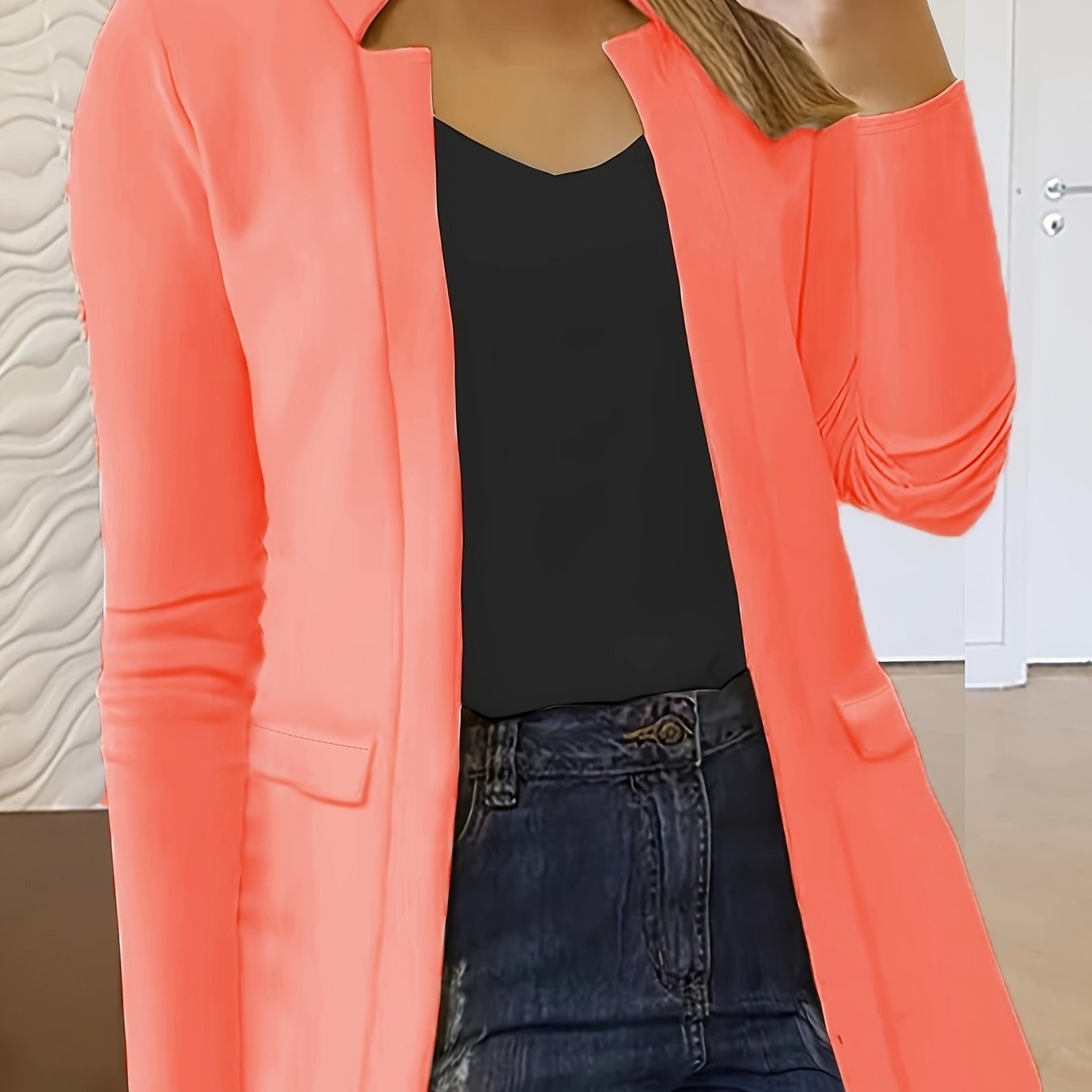 Solid Open Front Blazer, Casual Long Sleeve Blazer For Office,