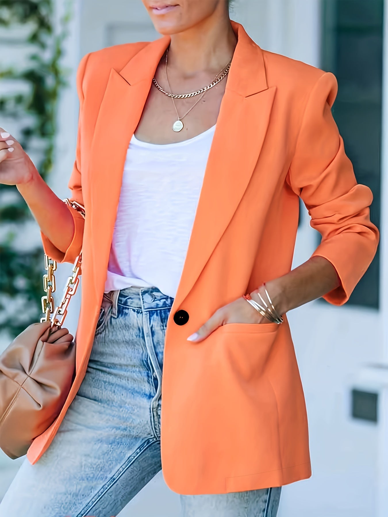 Button Blazer, Elegant Lapel Long Sleeve Work Office Outerwear,