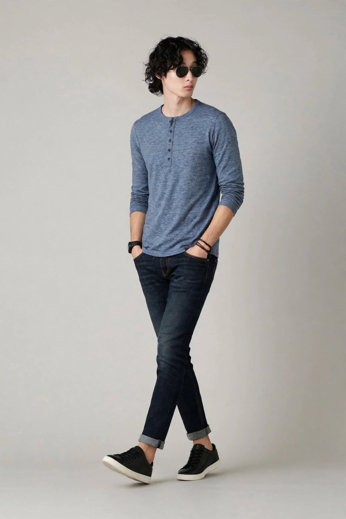 Men’s 7-Button Henley Long Sleeve T-Shirt – Blue Heather | Sizes S-XXL | MH