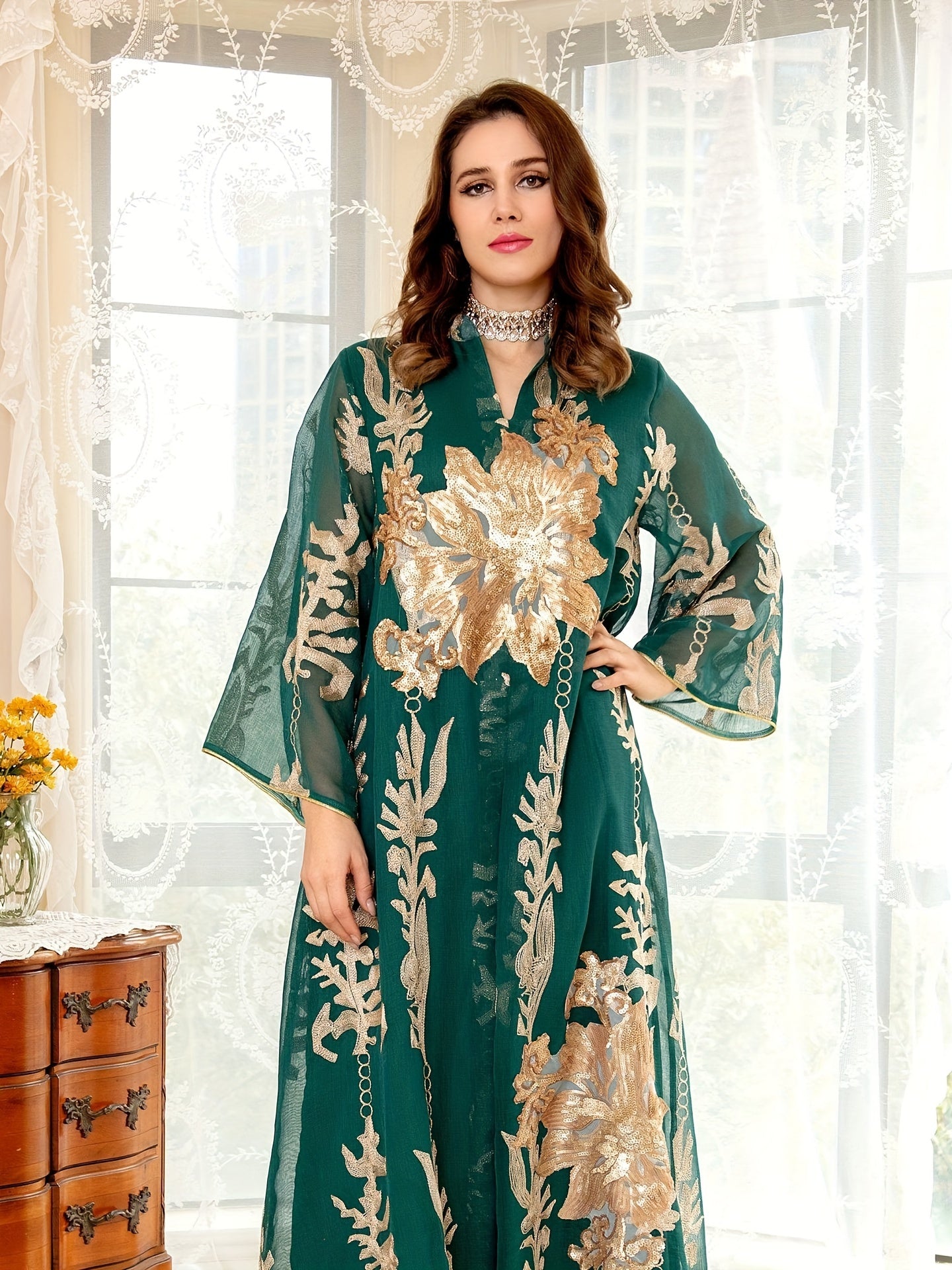 Ramadan Floral Pattern Notched Neck Kaftan Abayas, /MH