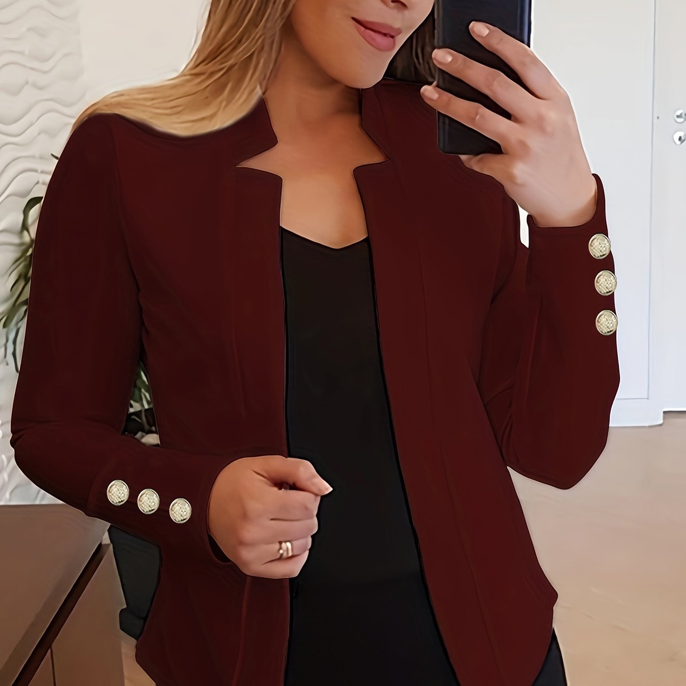 Solid Open Front Blazer, Casual Long Sleeve Button Blazer .