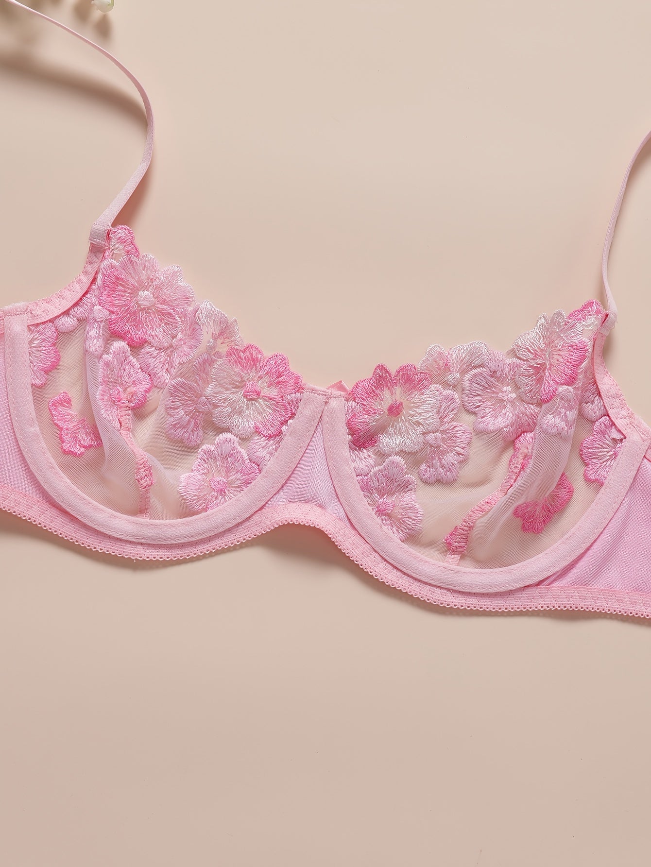 Sexy Lingerie Set, Floral Embroidery Mesh Semi Sheer Cami Bra & Panties,/ MH
