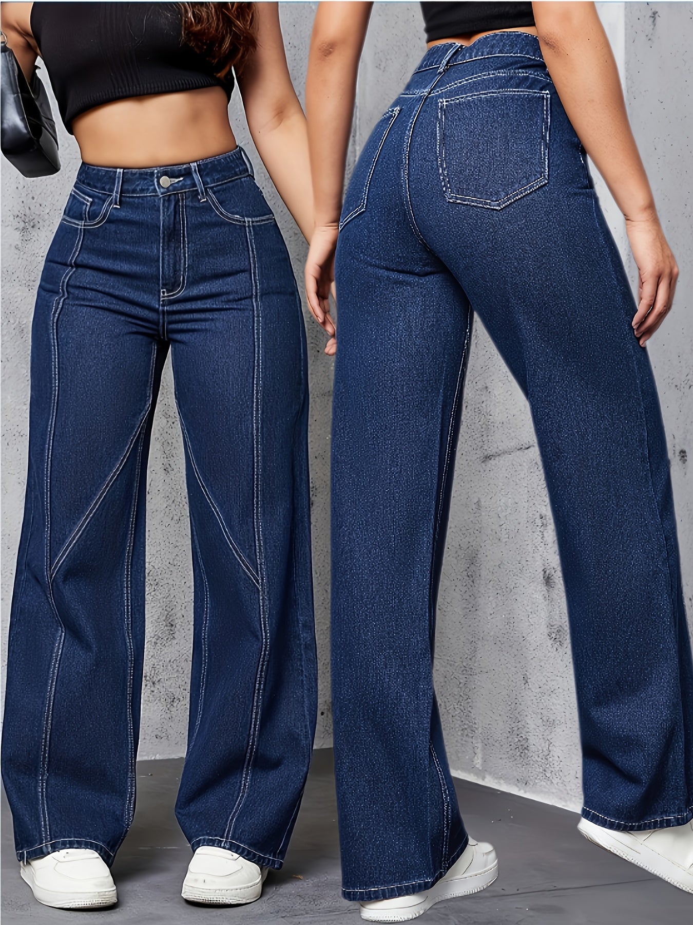 Women's Fashionable High-Waisted Flared Jeans Straight-Leg Denim Pants