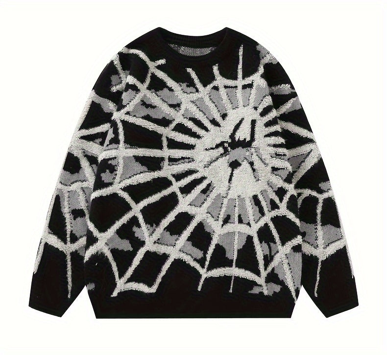 Spider Cobweb Pattern Knitted Sweater, Men's Casual Warm.