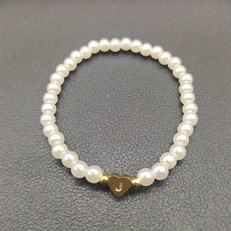 1pc Classic Initial A-Z Lettering Heart Faux Pearl Beaded Bracelet, Elegant Party Jewelry Birthday Gift For Teen Girls