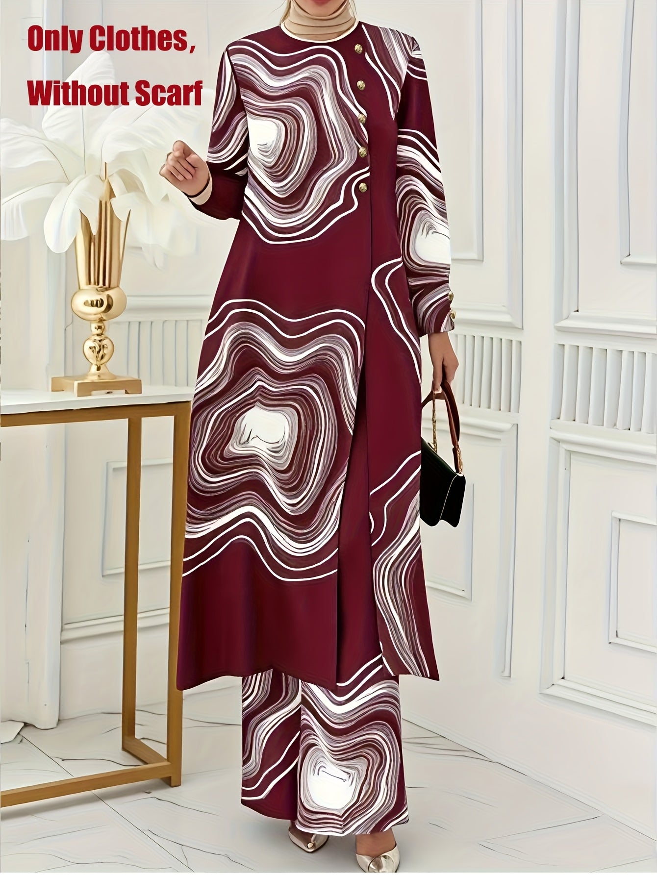 Solid Color Button Design Long Sleeve Top and Pants Set, Arabic Style,/MH