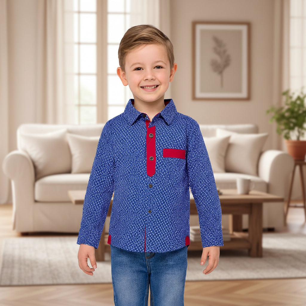 Boys’ Blue Red Trim Long Sleeve Shirt Button Up Dotted Print | Sizes 2-12 Years | MH
