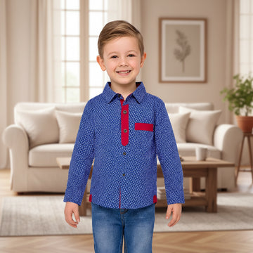 Boys’ Blue Red Trim Long Sleeve Shirt Button Up Dotted Print | Sizes 2-12 Years | MH