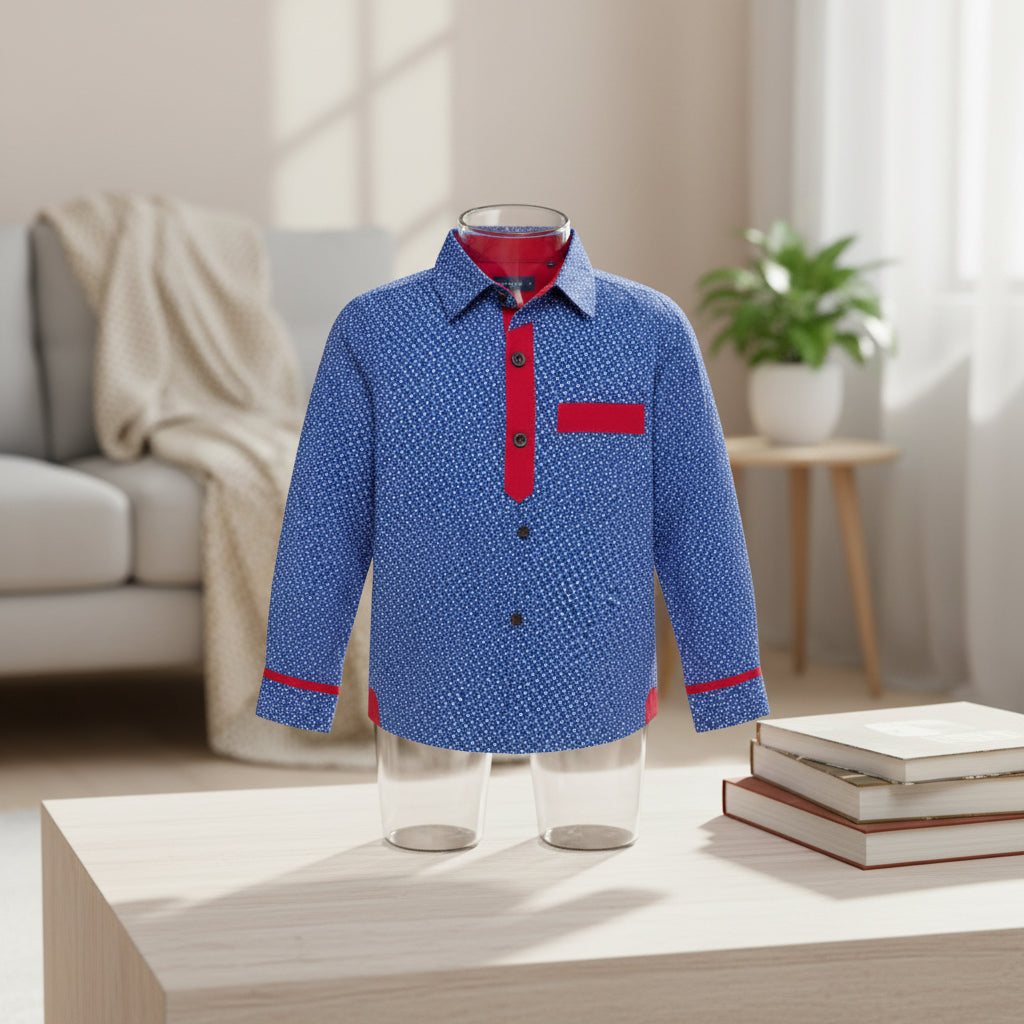 Boys’ Blue Red Trim Long Sleeve Shirt Button Up Dotted Print | Sizes 2-12 Years | MH