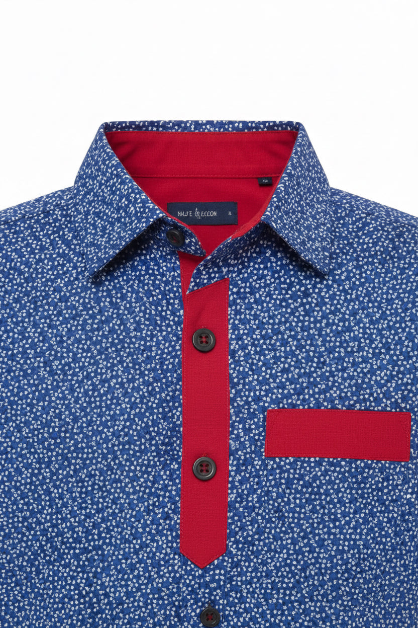 Boys’ Blue Red Trim Long Sleeve Shirt Button Up Dotted Print | Sizes 2-12 Years | MH