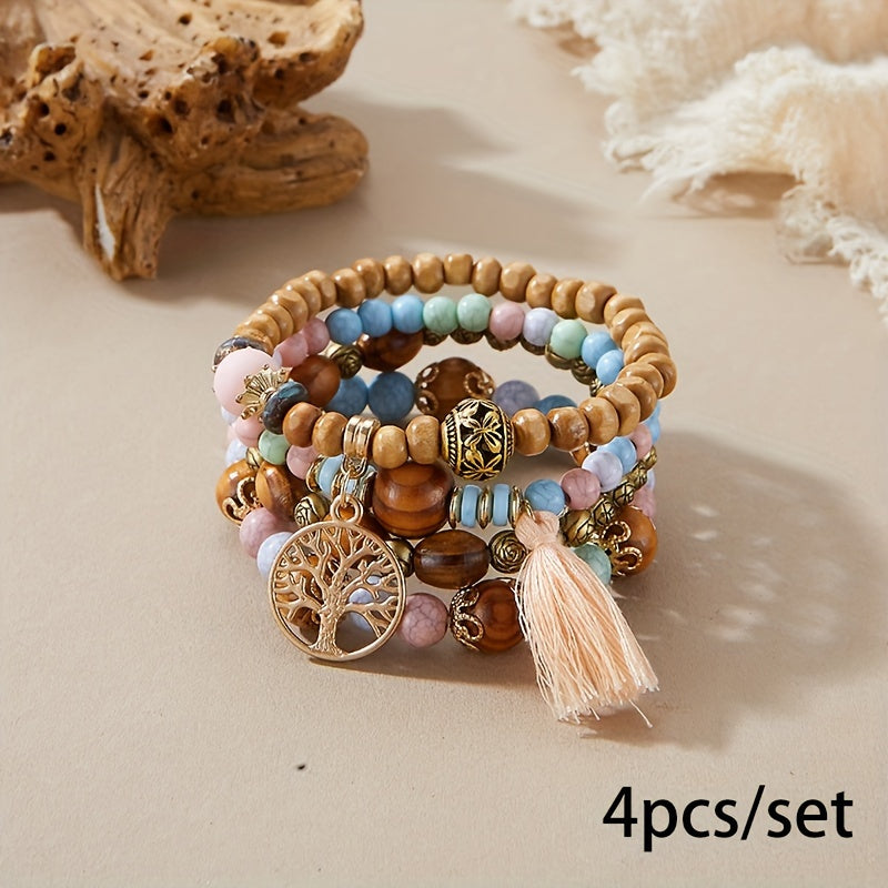 4pcs/set Tree Of Life Pendant Multilayer Beaded Bracelet Round Bead Wooden Bead Bracelet Bohemian Ethnic Jewelry Accessories Handmade -A Stylish Accessory, Father's Day Gift