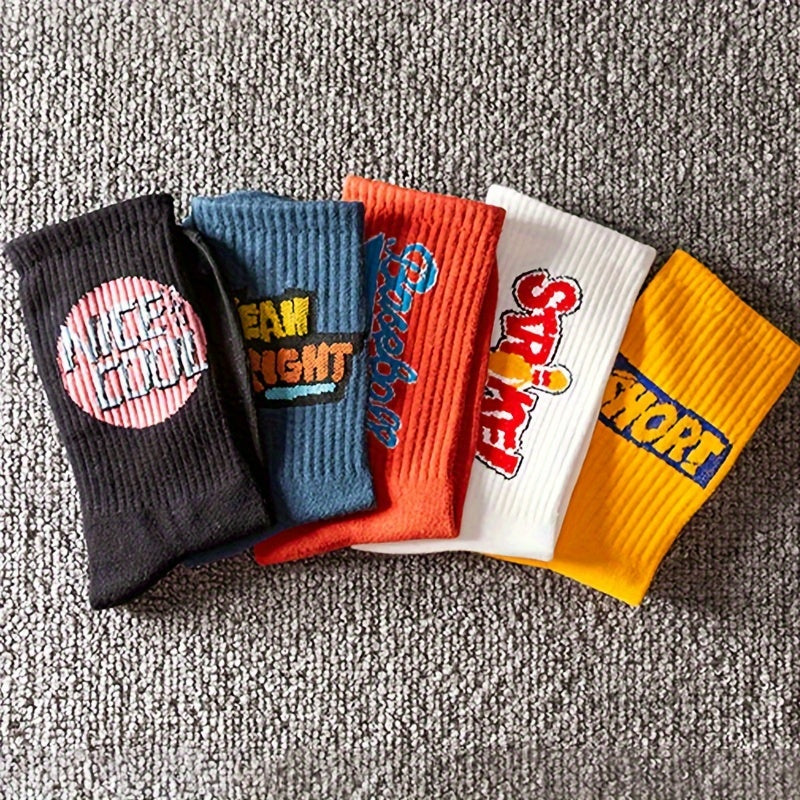 5 Pairs Of Men's Trendy Street Style Letter Print Crew Socks,/MH