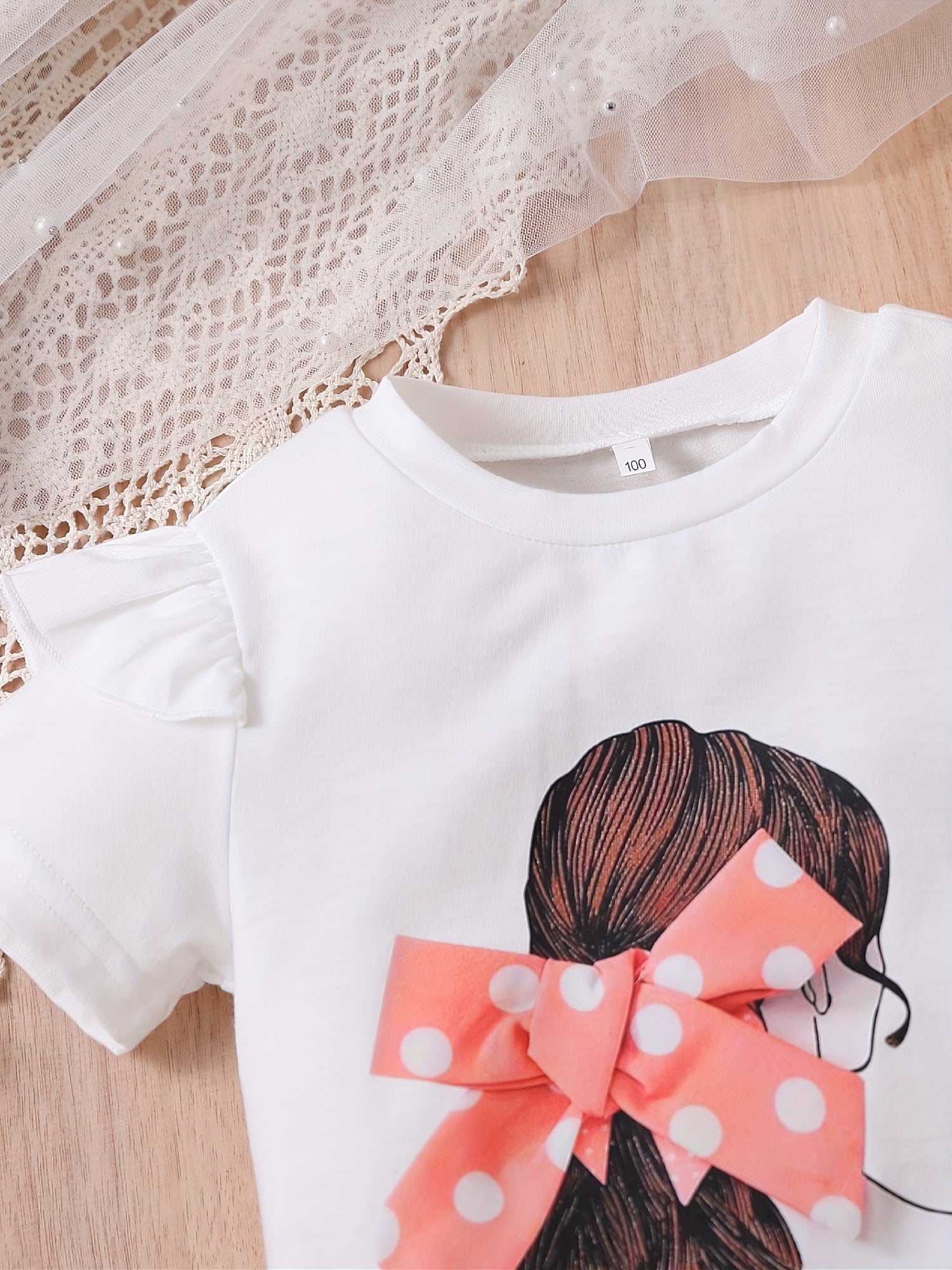 2pcs Toddler Girls Bow Figure Graphic Ruffle Trim T-Shirt