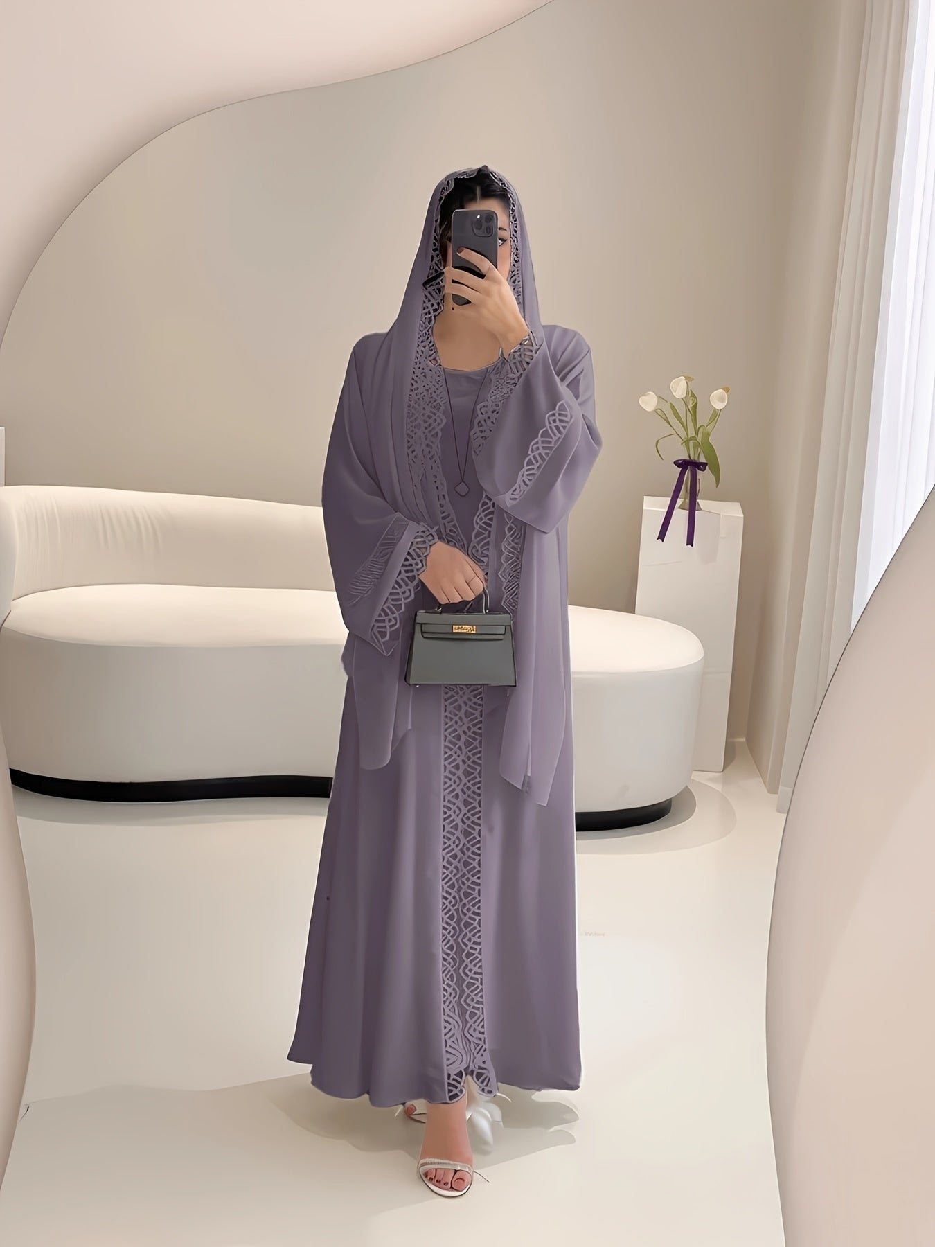 2pcs Set with Lace Trim Muslim Kaftan Plus Sleeveless Vest Skirt, / MH