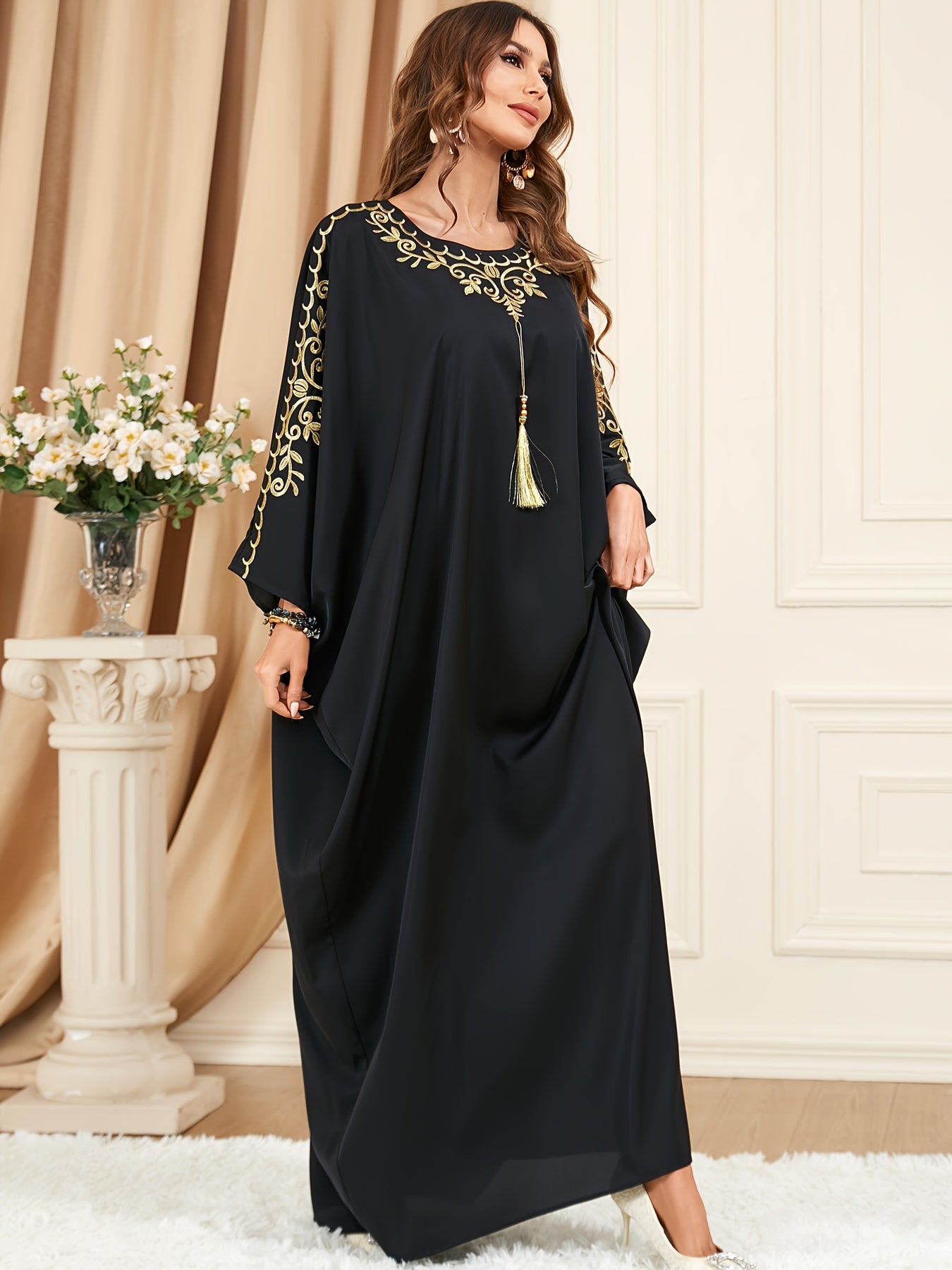 Plus Size Floral Tassel Kaftan Dress - Fashionable Embelegant Style '/MH