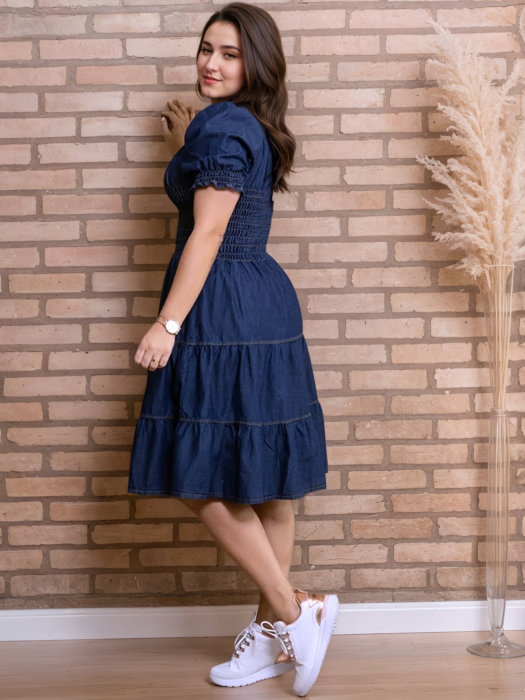Plus Size Women's Elegant Smocked Waist Multi-Layer Ruffled Dress -/MH