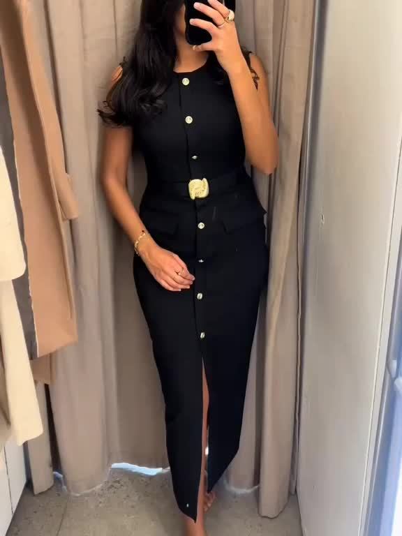 Elegant Women's Black Sleeveless Dress with Waist Belt & Faux Buttons ./MH