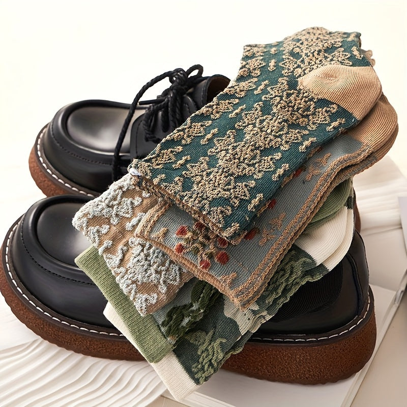 5 Pairs Floral Print Socks, Comfy & Cute Mid Tube Socks, /MH