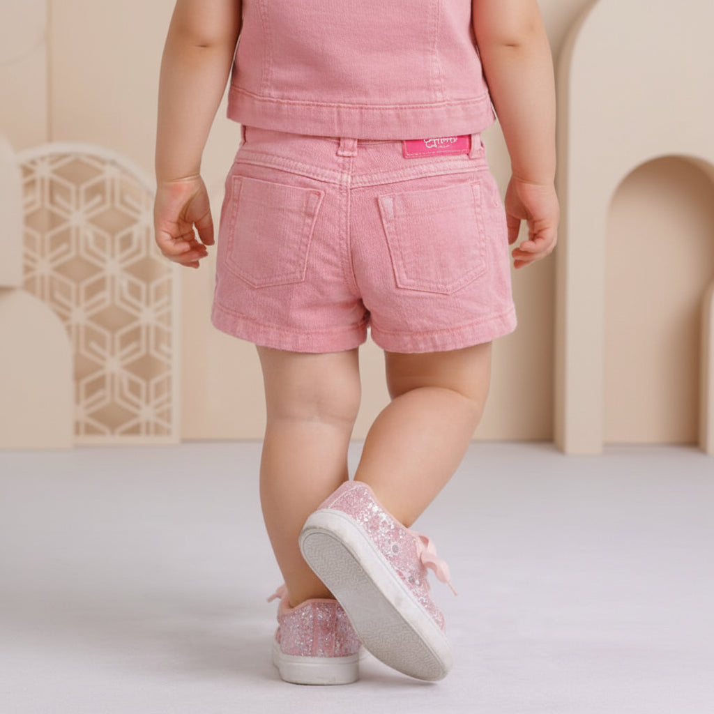 Girls Baby Pink Denim Shorts | Classic 5-Pocket Button Fly | Summer Casual | Ages 3-6 Months-8Years | MH