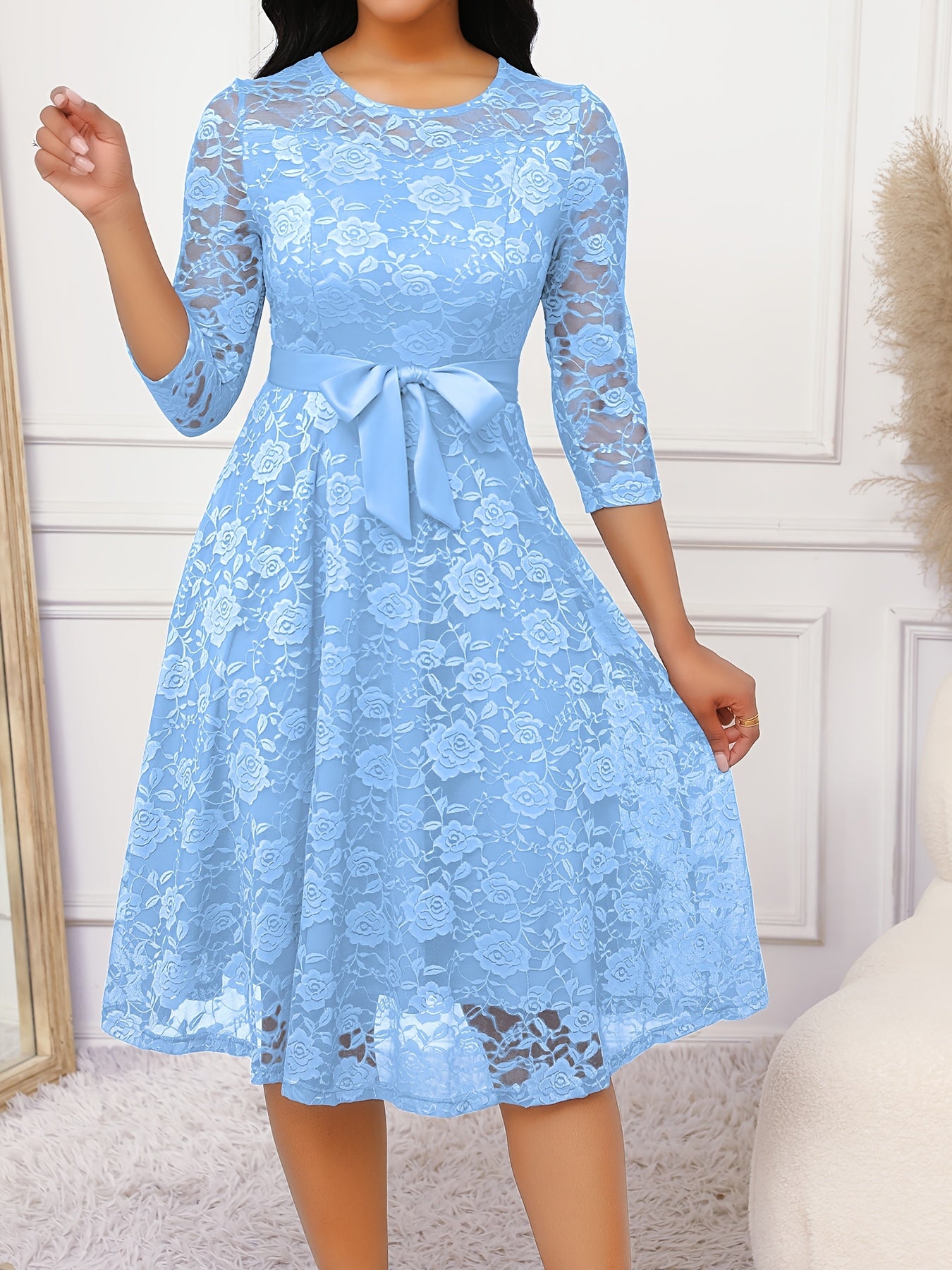 Floral Lace Ruffle Hem Belted Dress, Elegant Crew Neck 3/4 Sleeve Aline Dress ./MH
