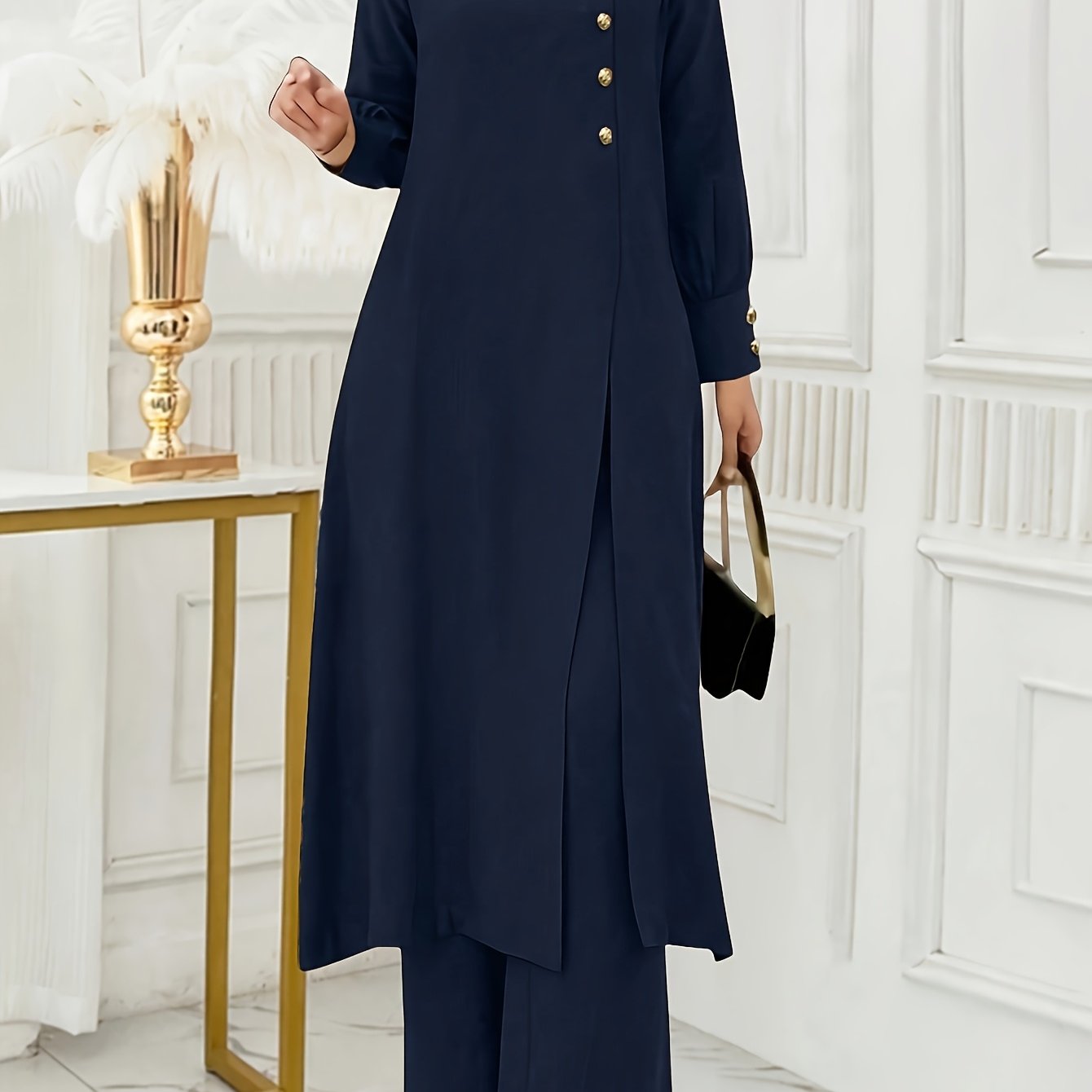Solid Color Button Design Long Sleeve Top and Pants Set, Arabic Style,/MH