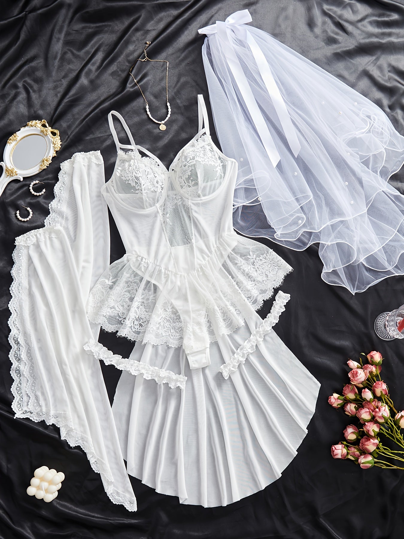 Solid Floral Lace Lingerie Set, Sexy Semi Sheer Ruffle Lace Bodysuit & Sleeves'/MH