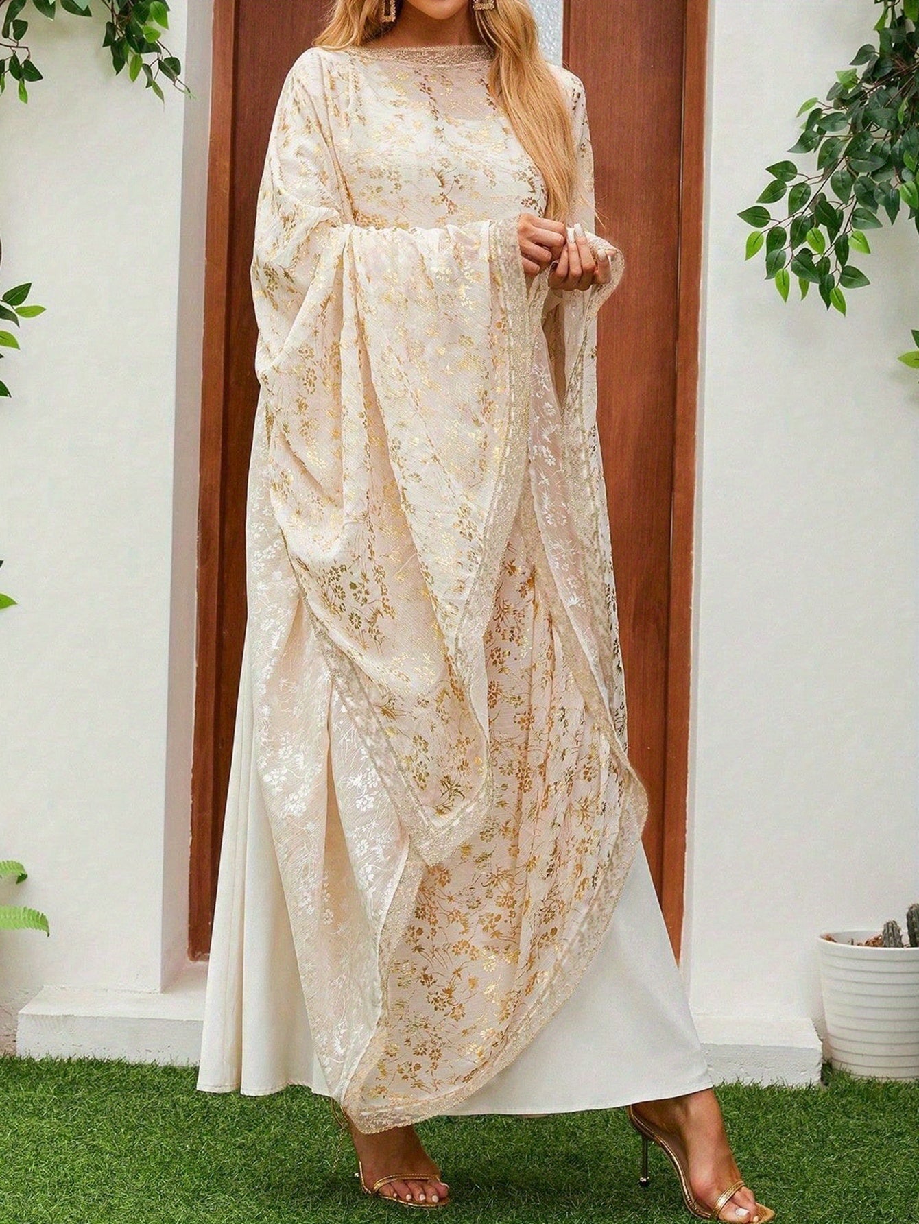 Women'S Floral Pattern Two-Piece Set with Shawl, Elegant Long Sleeve Abaya Dress .MH