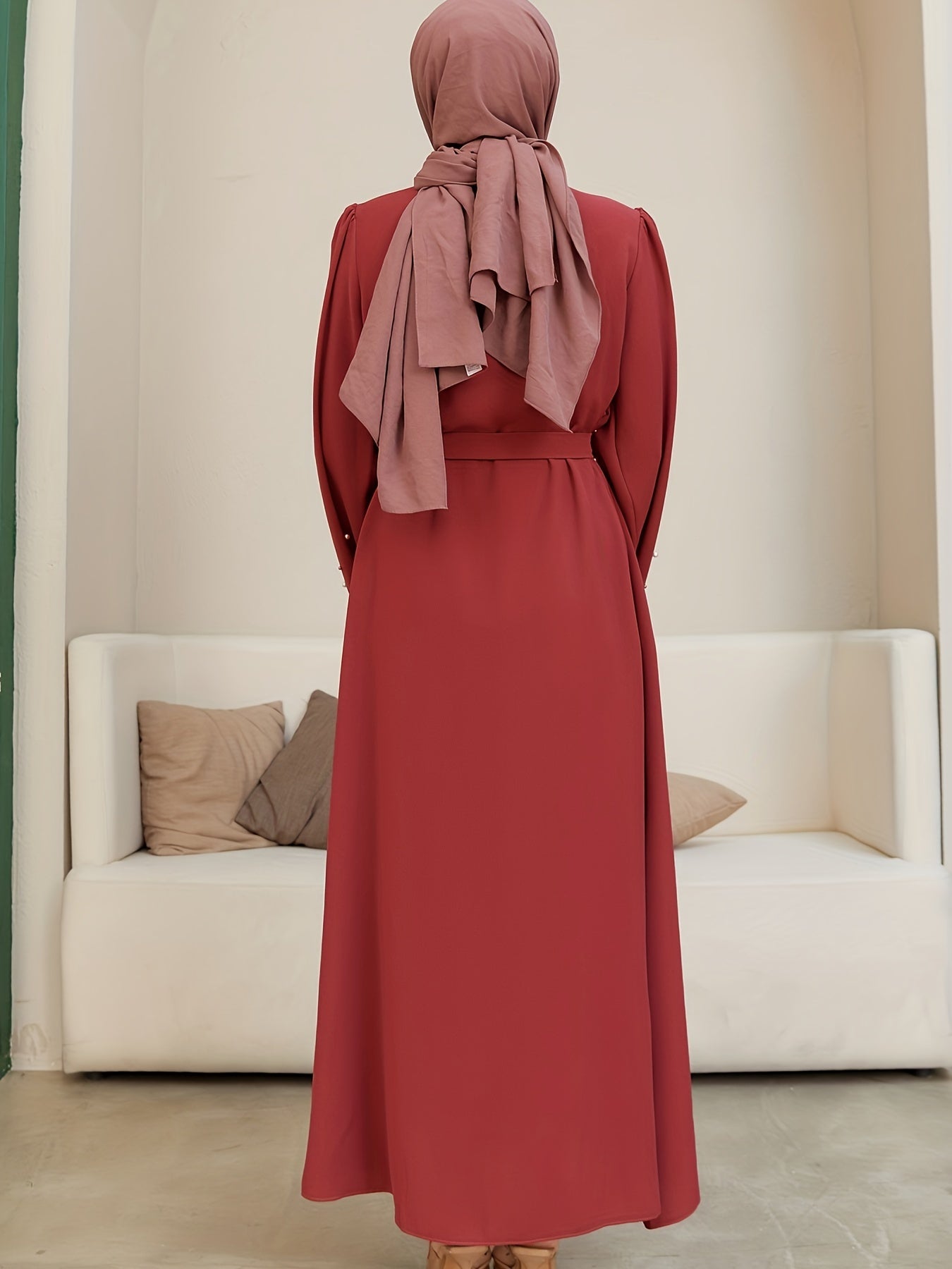 Elegant Navy Blue Abaya with Pearl Embellishments and Belt -/MH