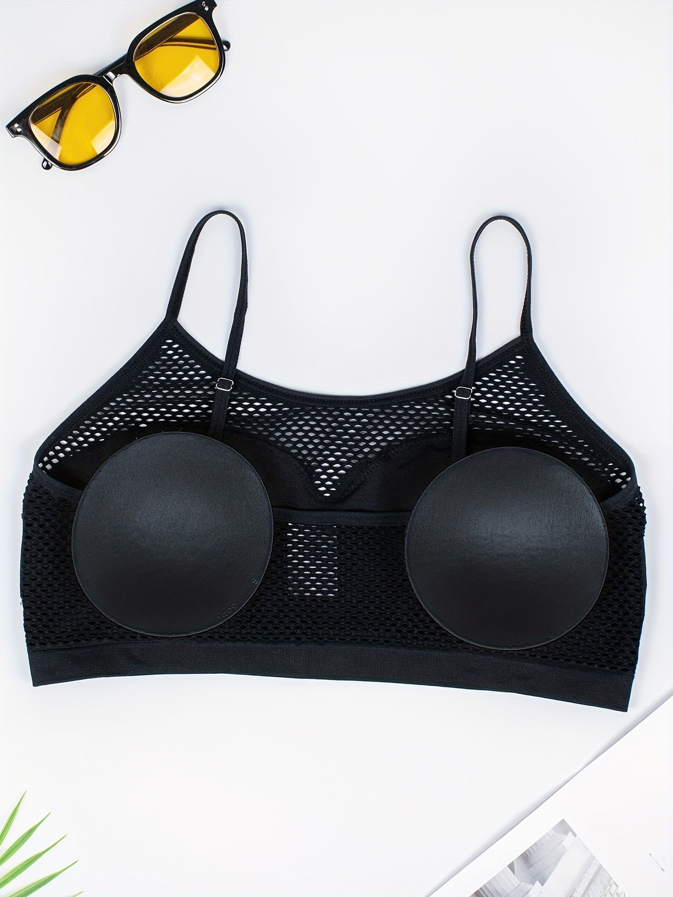 1pc Solid Color Hollow Stretch Mesh Tank Top Bra ./MH