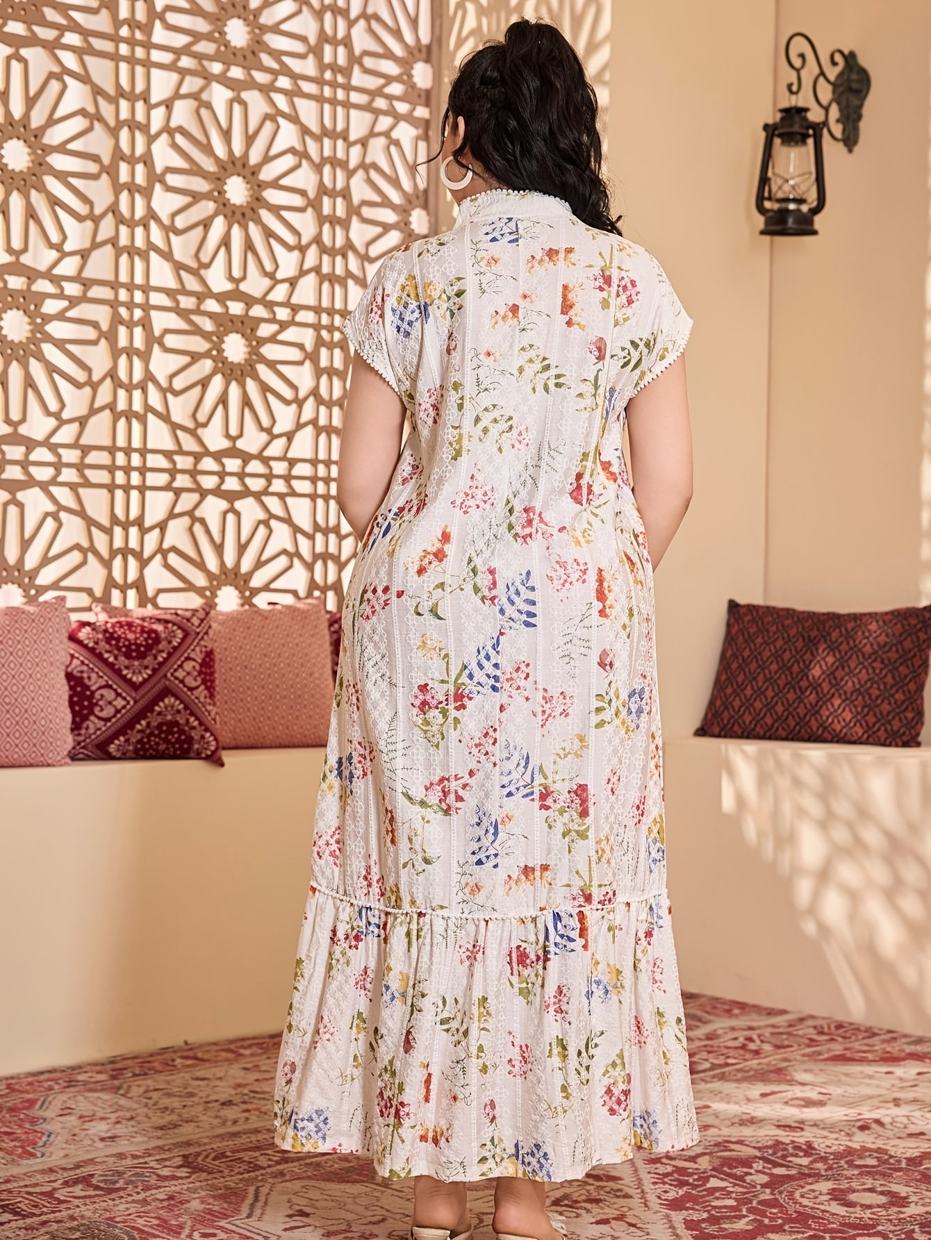 [Floral Jalabia Dress] Floral Print Elegant Jalabia Dress | V-Neck,/MH