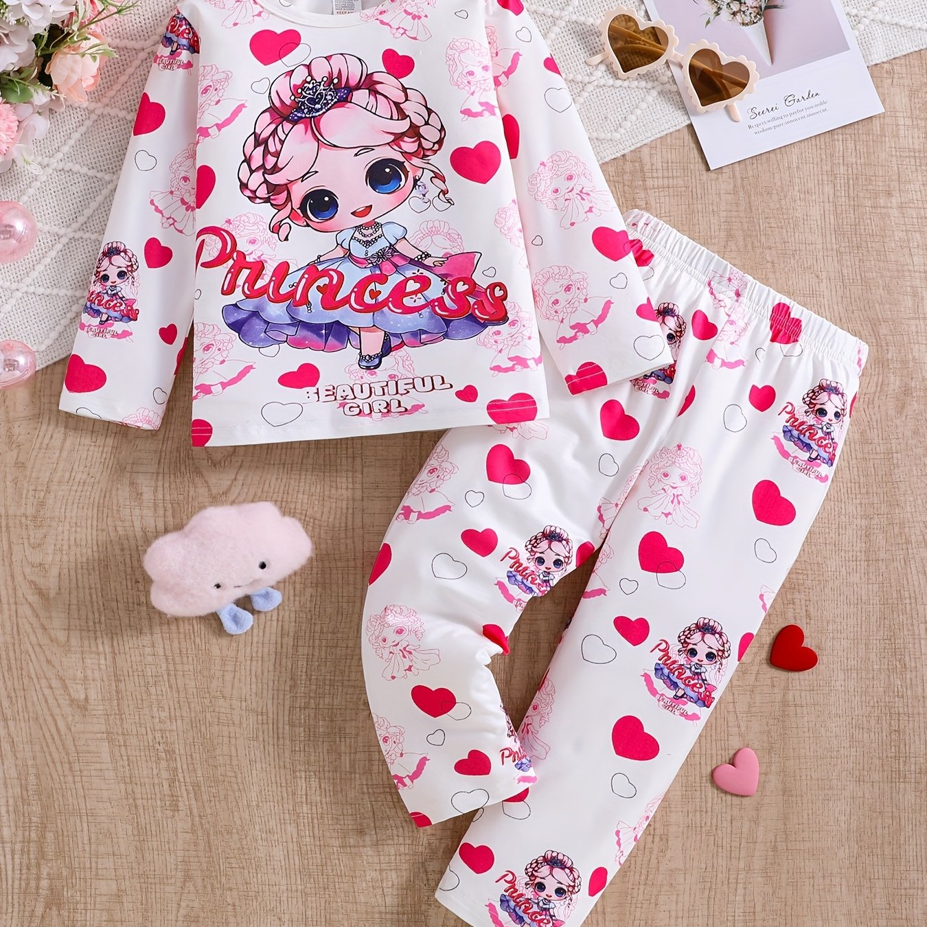 Girls' 2-Piece Pajama Set, Fashionable Princess Heart Print, Long Sleeves .