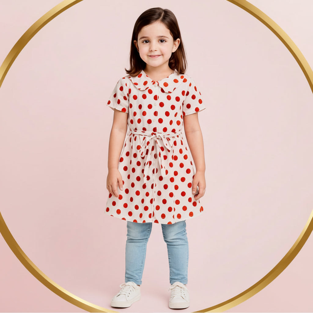 Girls' Polka Dot Tunic Top – Short Sleeve Tie-Waist Blouse (Ages 2-12) I MH