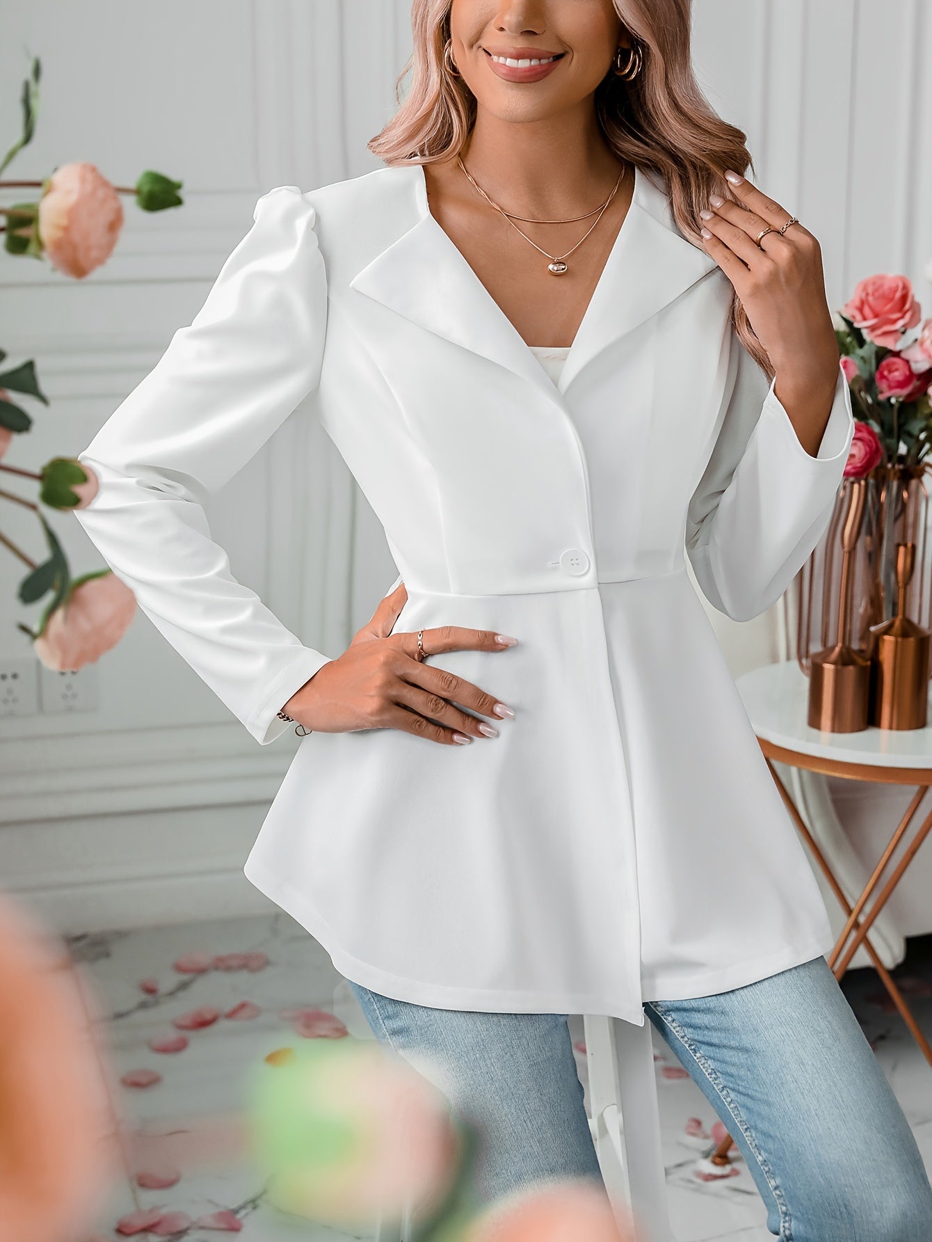 Notched Collar Flare Blazer, Elegant Long Sleeve Button Front Coat,