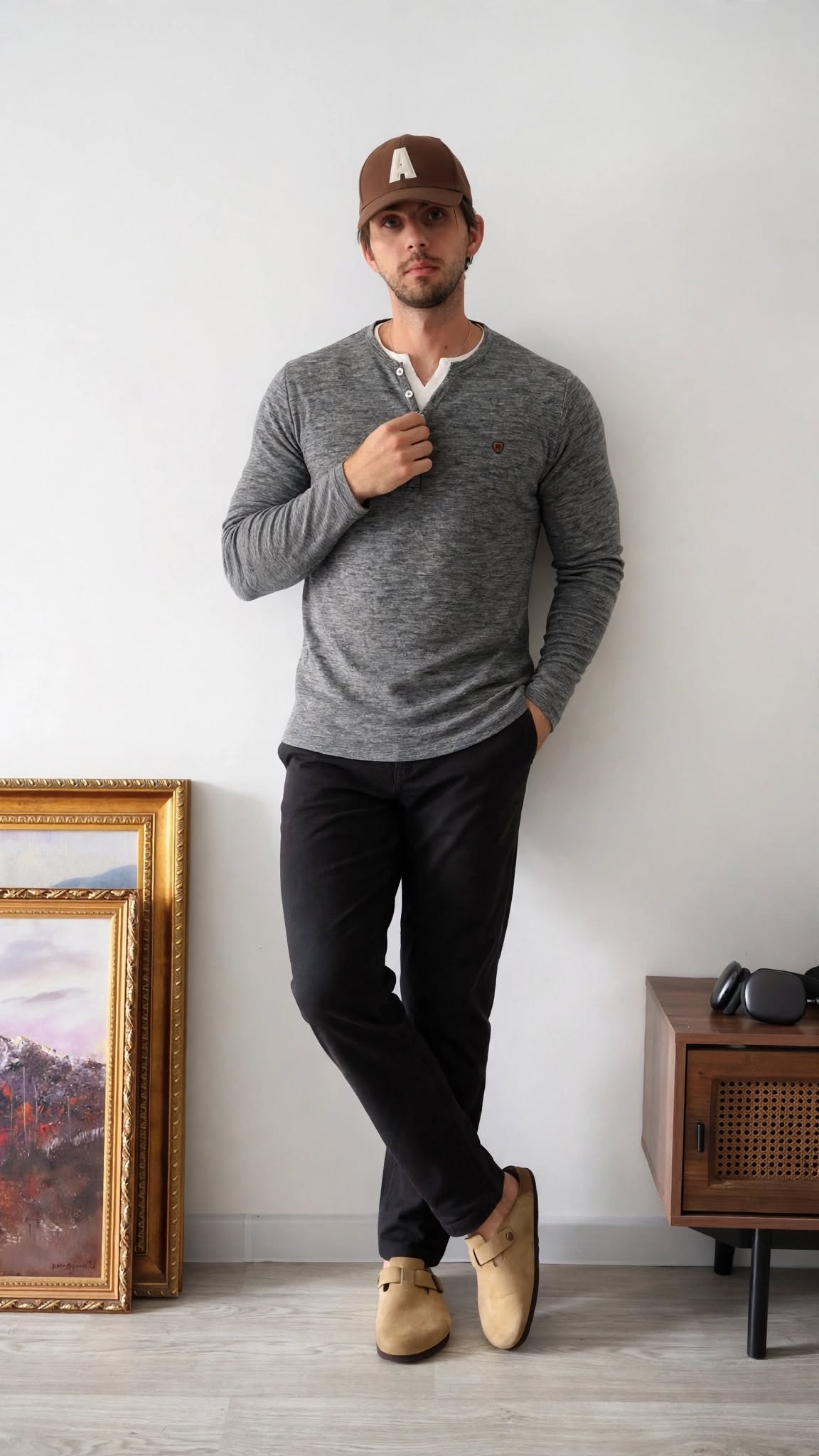 Mens Charcoal Gray V-Neck Henley – Men’s Long Sleeve T-shirt | Sizes S-XXL | MH