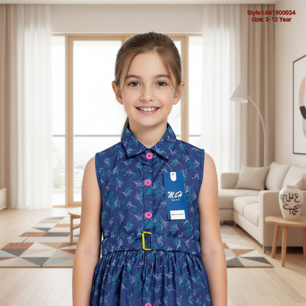 Elegant Navy Floral Sleeveless Belted Girls Dress | MH