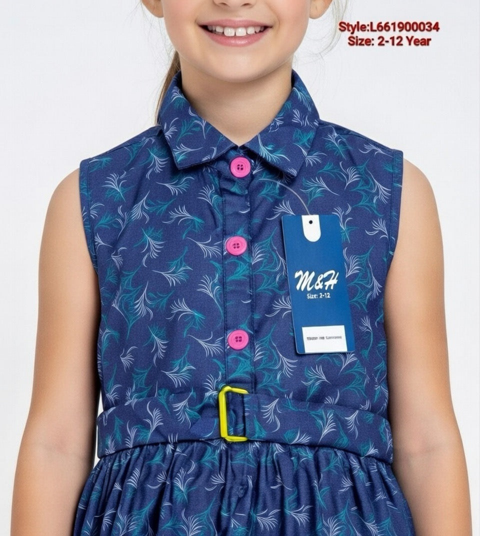 Elegant Navy Floral Sleeveless Belted Girls Dress | MH