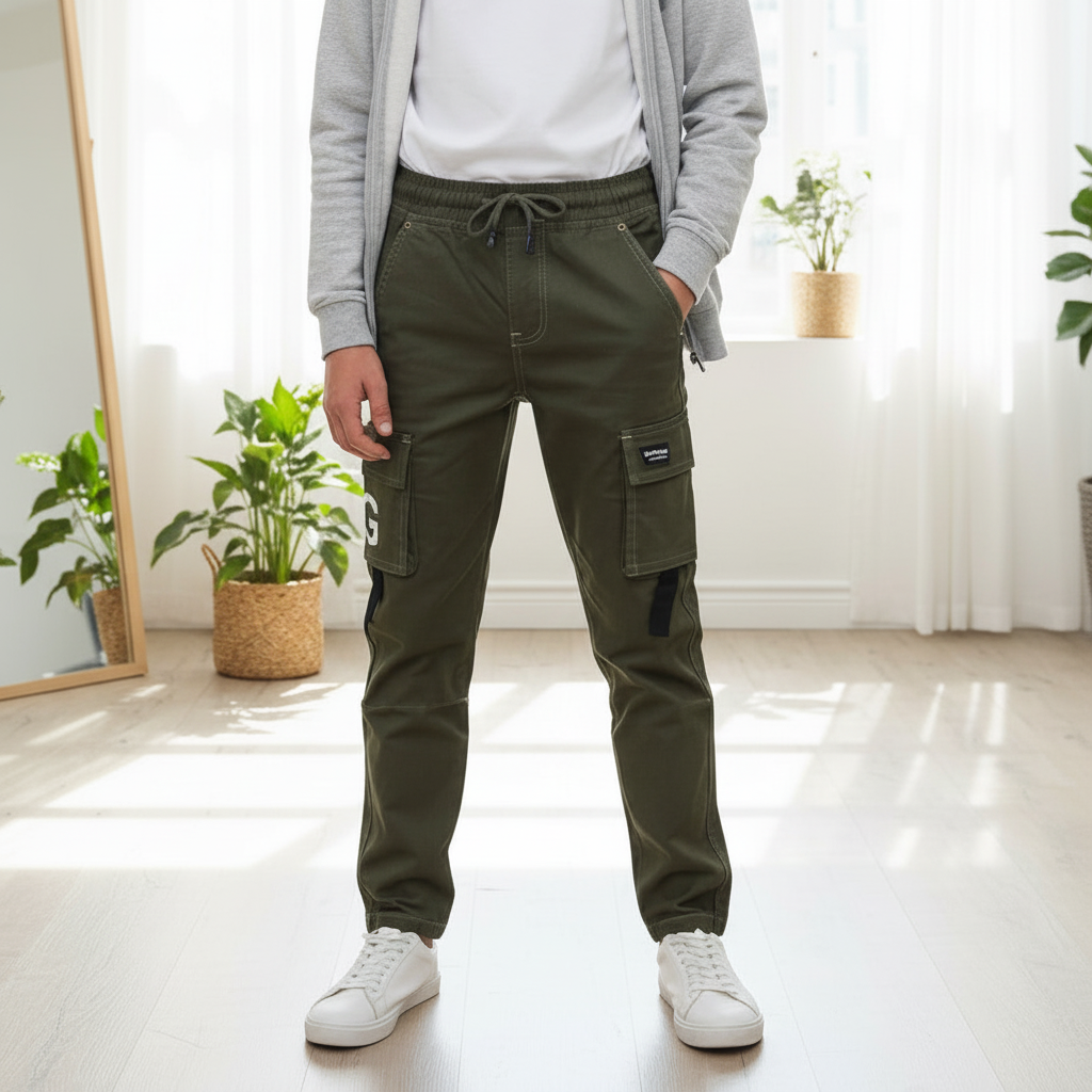 Teen Boys Cargo Pants Olive Green 9-16 Years | Drawstring Jogger Cargo Trousers | MH