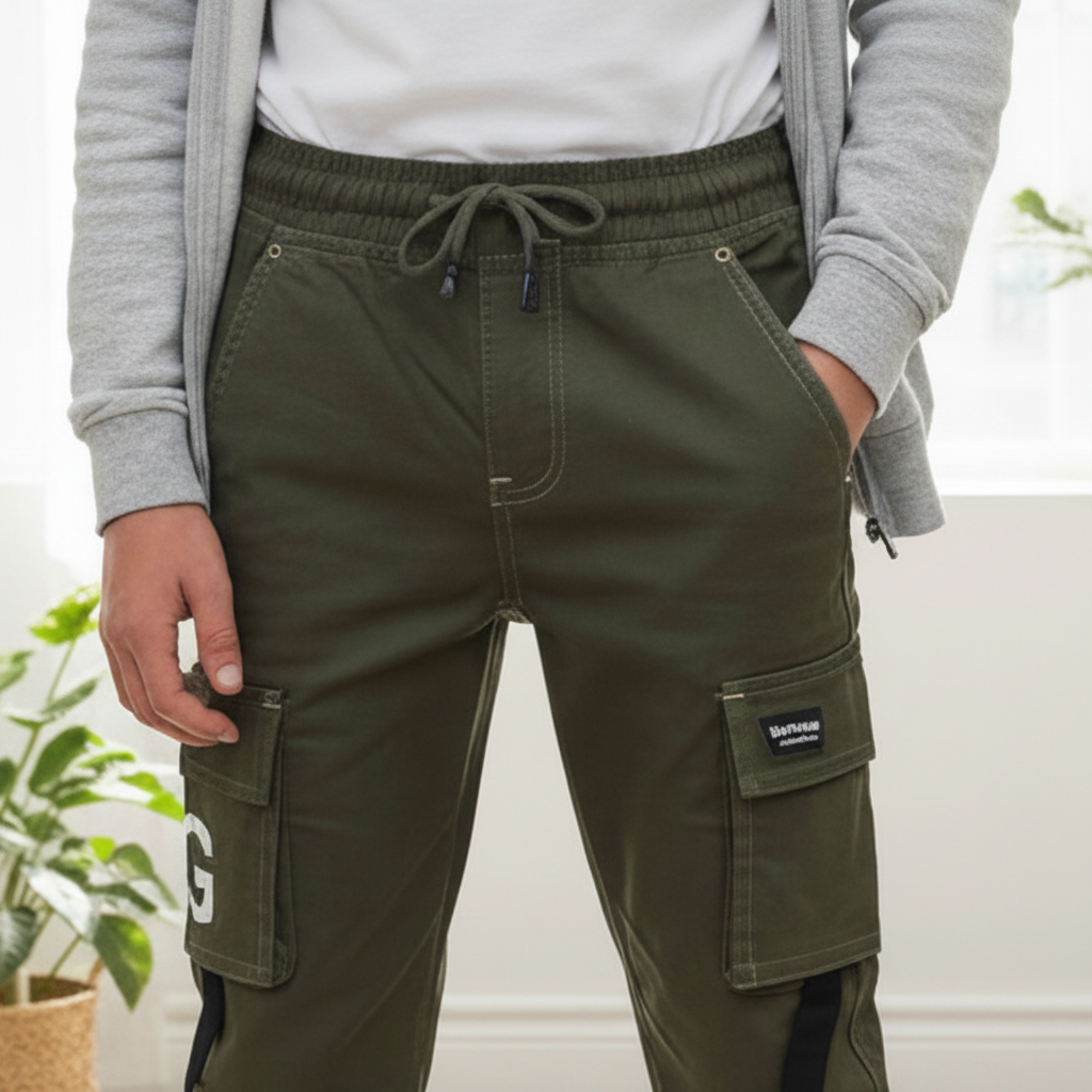 Teen Boys Cargo Pants Olive Green 9-16 Years | Drawstring Jogger Cargo Trousers | MH