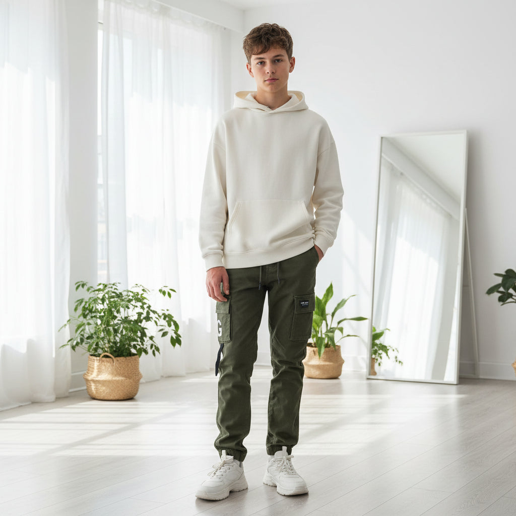 Teen Boys Cargo Pants Olive Green 9-16 Years | Drawstring Jogger Cargo Trousers | MH