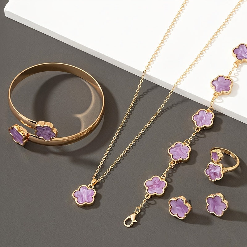 1 Pair Stud Earrings + 1 Pc Necklace + 1 Pc Bracelet + 1 Pc Bangle + 1 Pc Ring - Lucky Flower Design Alloy Jewelry Set for Women -