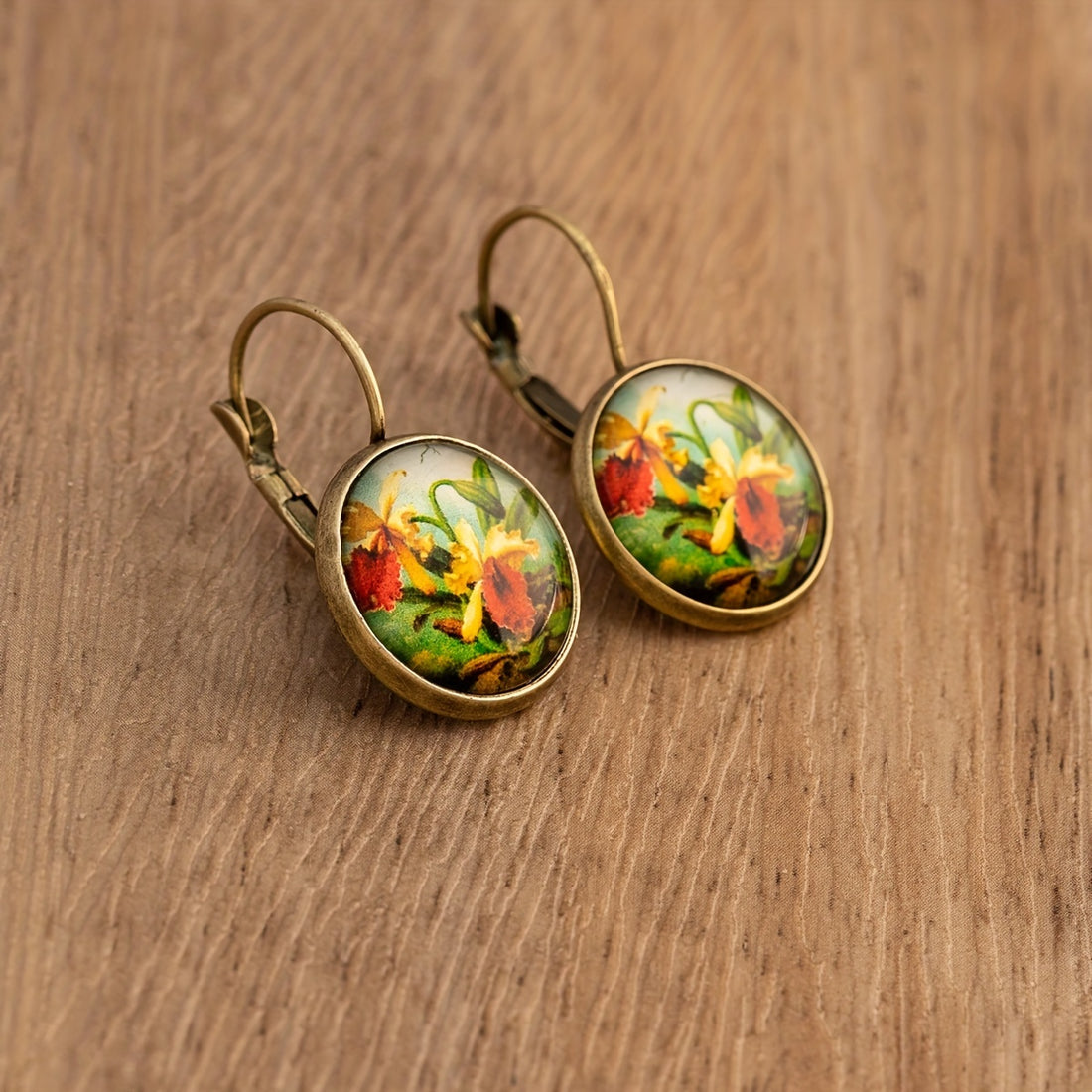 Rose Sunflower Print Retro Round Earrings Copper Jewelry Female Trendy Gift Daily Wear Accessories
