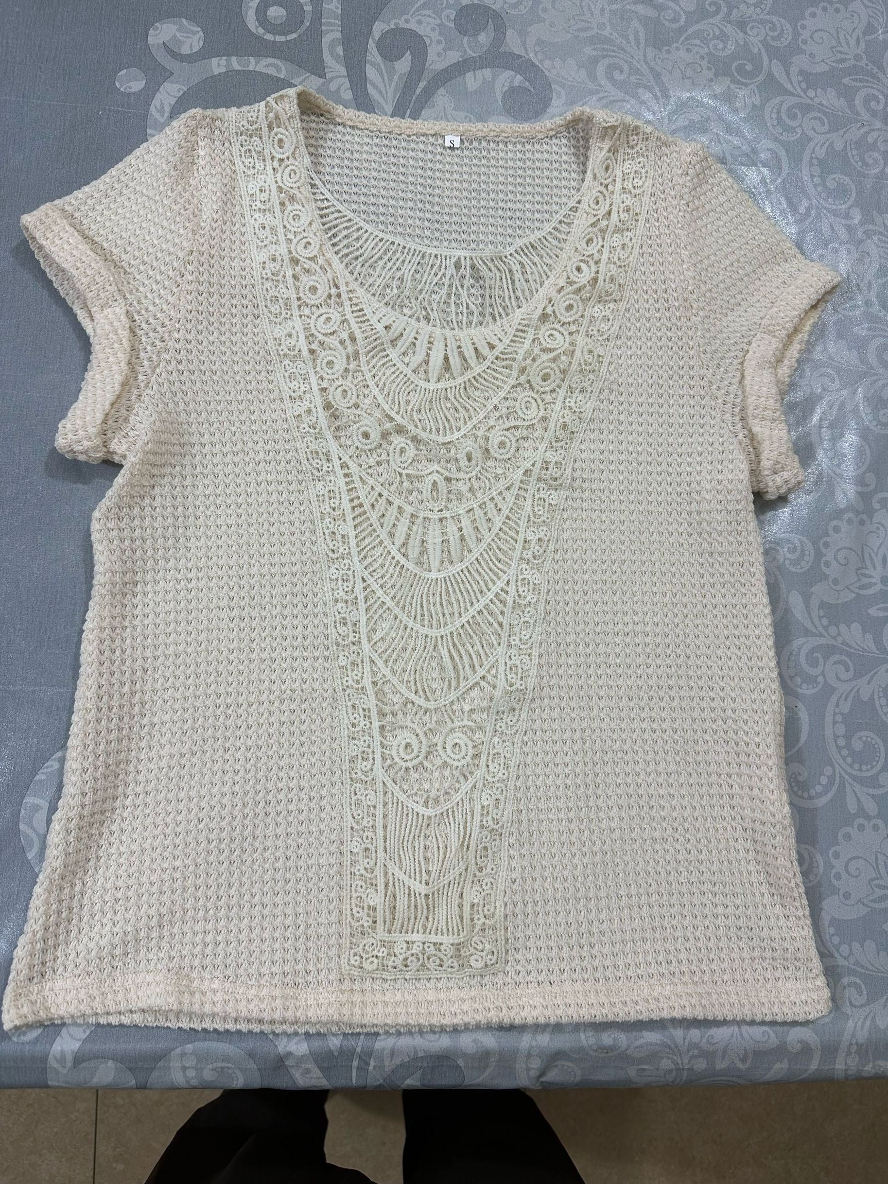 Lace Splicing Crew Neck T-shirt, Casual Short Sleeve Top For Spring & Summer, Women's Clothing
