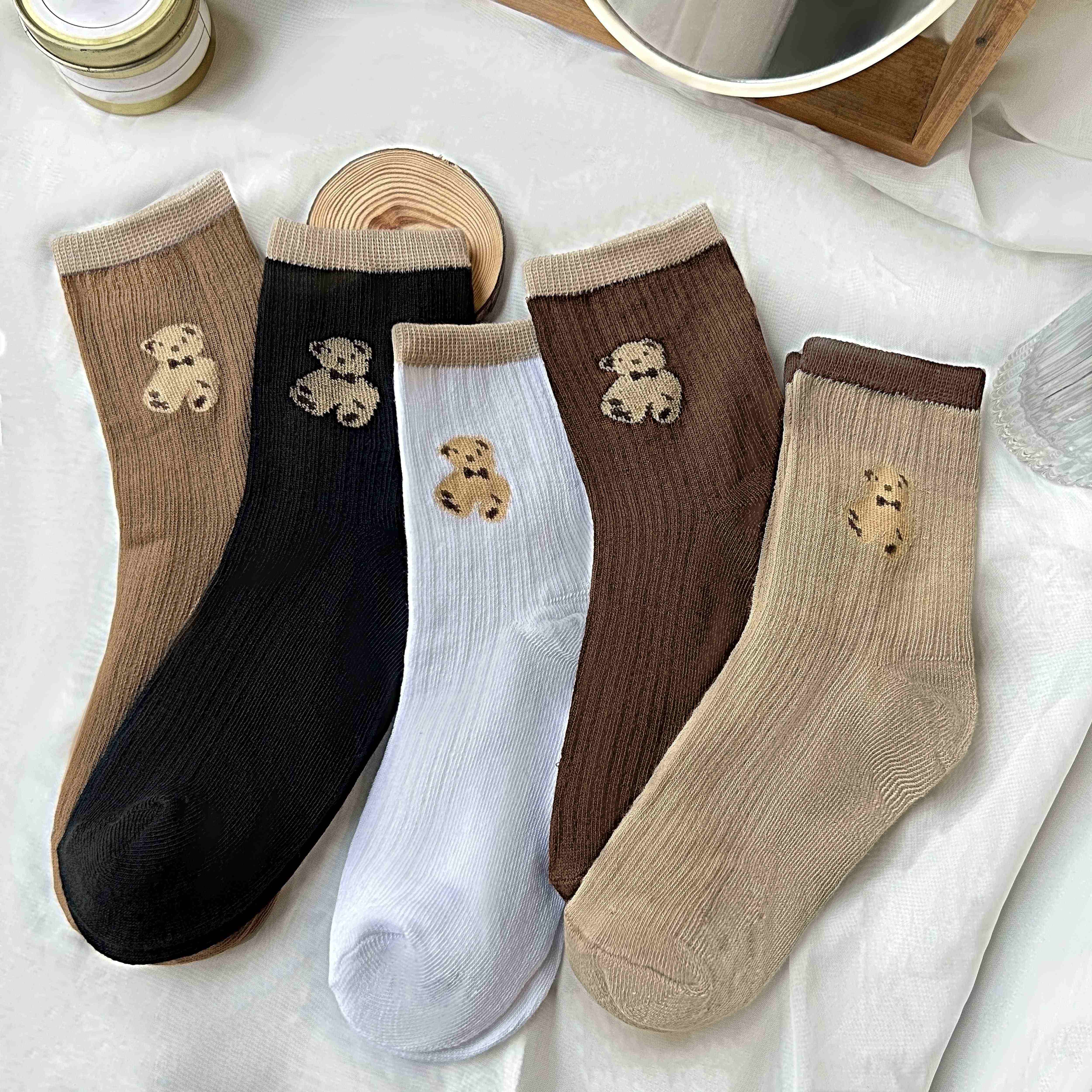 5 Pairs of Adorable Cartoon Bear Pattern Mid Tube Socks -/MH