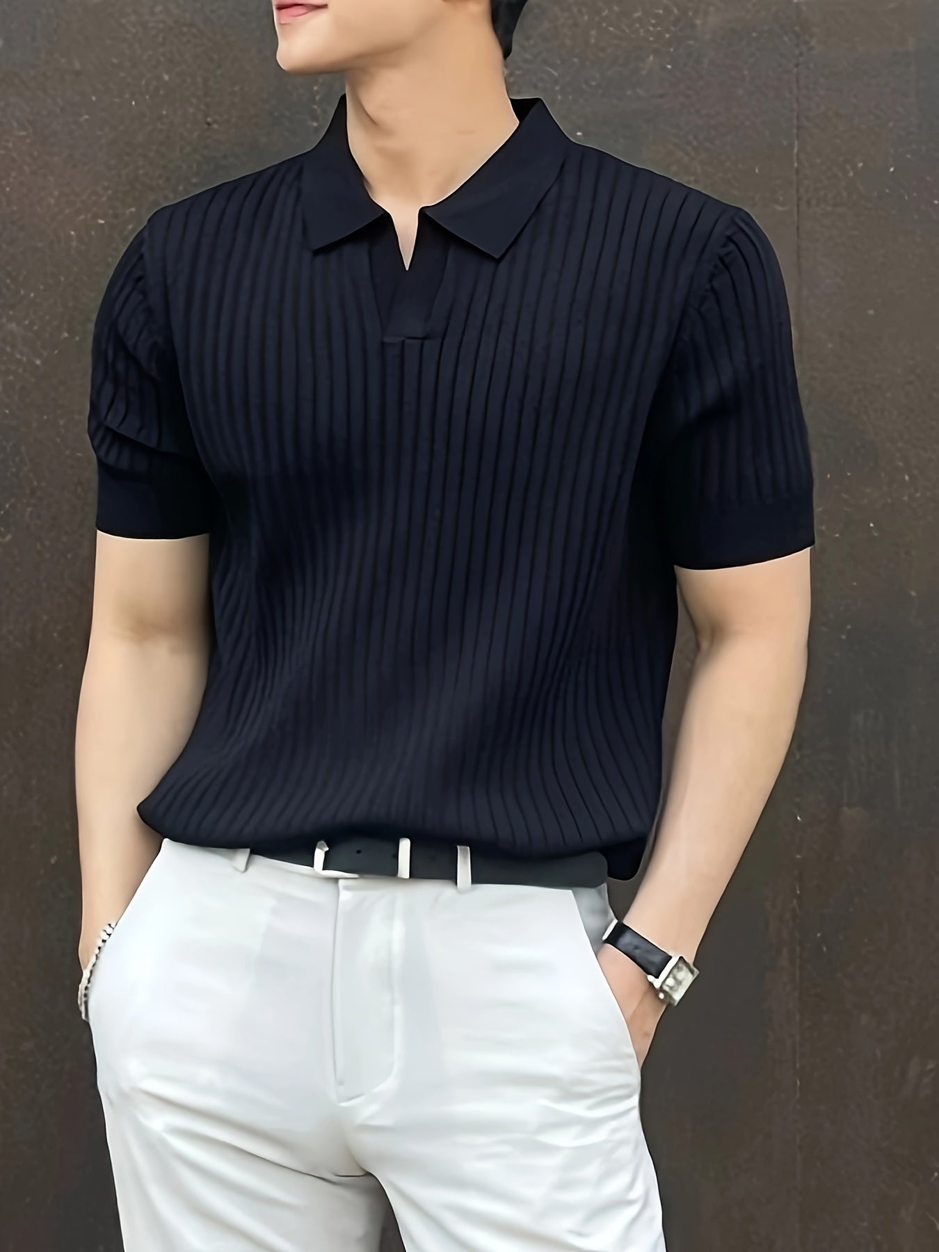 Men's Stripe Pattern Sweater, Casual Breathable Medium Stretch .